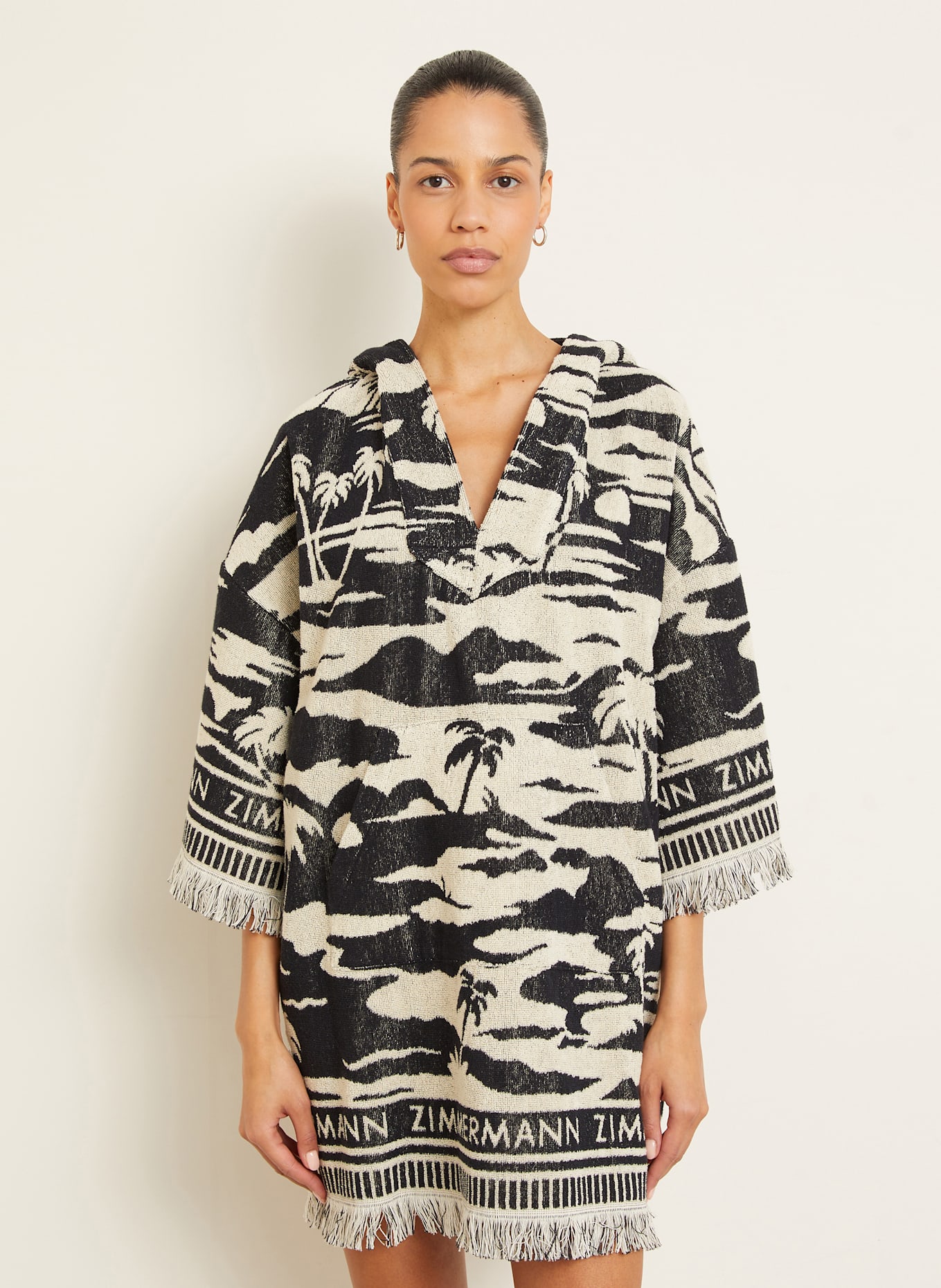 ZIMMERMANN Plážové šaty MAXINE z froté s 3/4 rukávem: ČERNÁ / KRÉMOVÁ