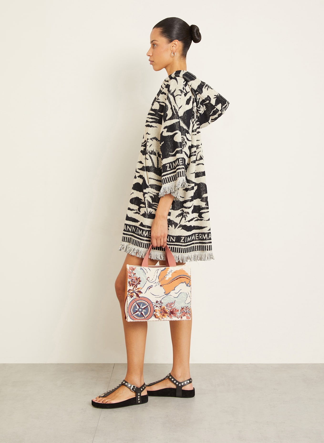 ZIMMERMANN Plážové šaty MAXINE z froté s 3/4 rukávem: ČERNÁ / KRÉMOVÁ