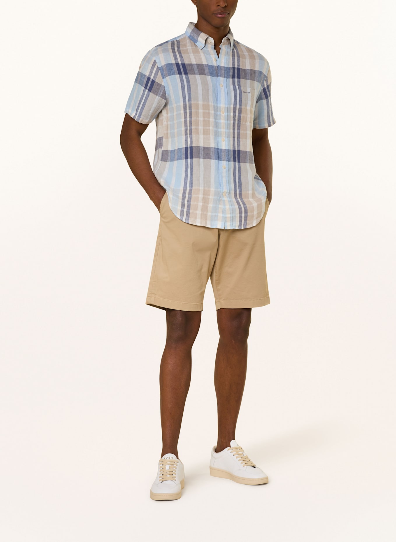 GANT Kurzarm-Hemd Regular Fit aus Leinen: HELLBLAU / DUNKELBLAU / TAUPE