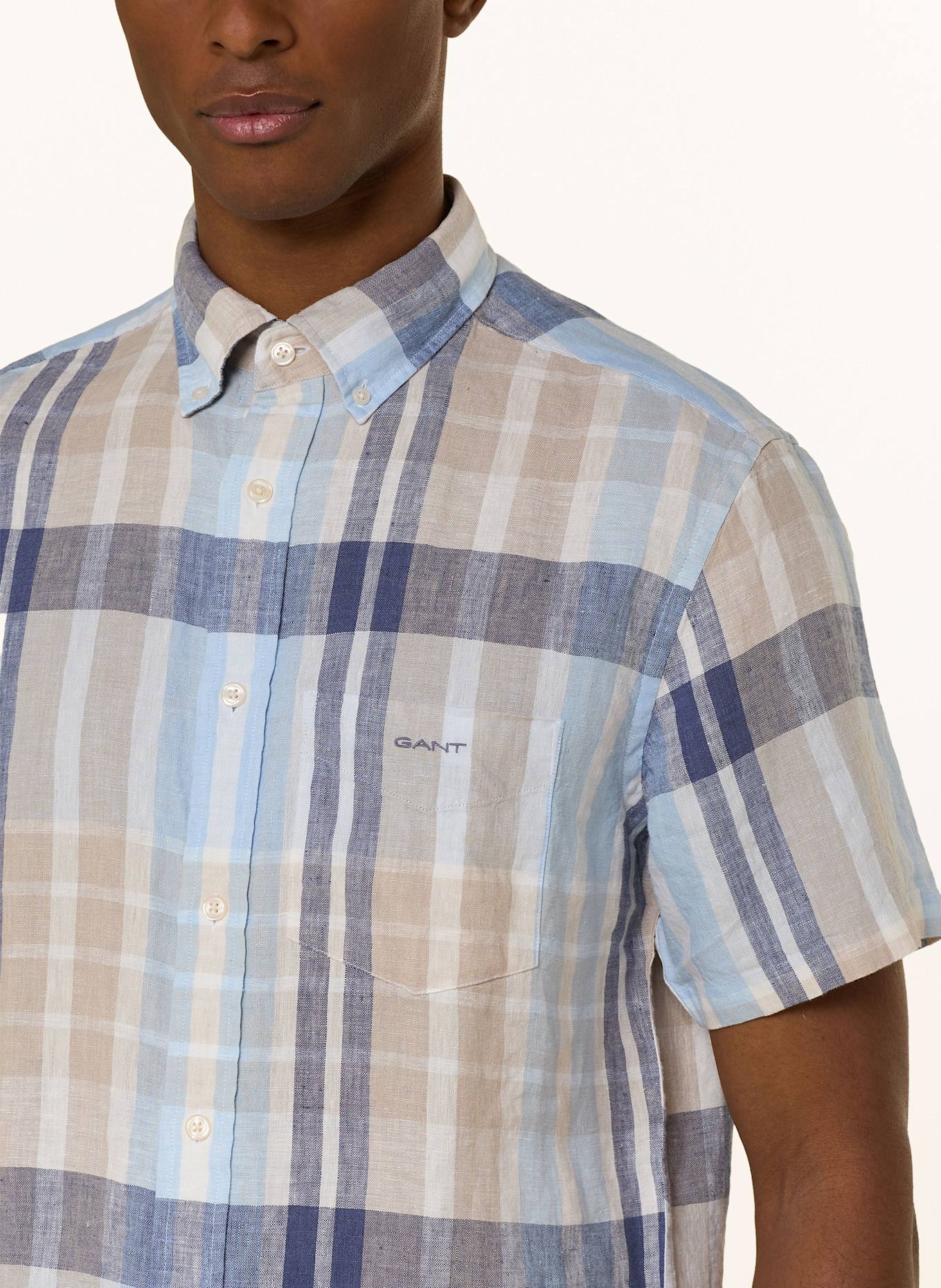 GANT Kurzarm-Hemd Regular Fit aus Leinen: HELLBLAU / DUNKELBLAU / TAUPE