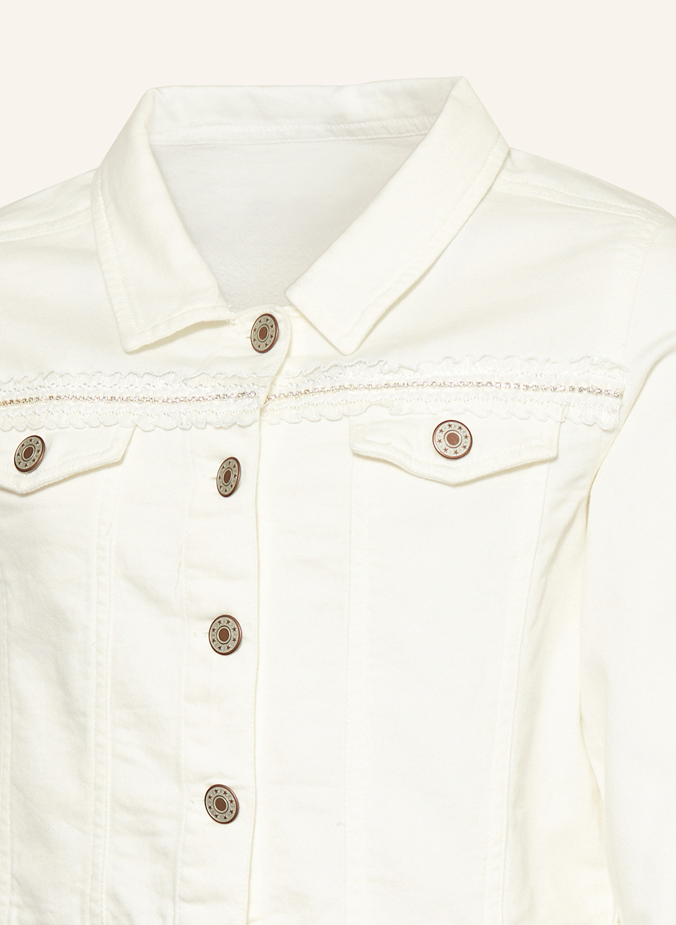 MONNY Jeansjacke mit Spitze und Schmucksteinen: ECRU