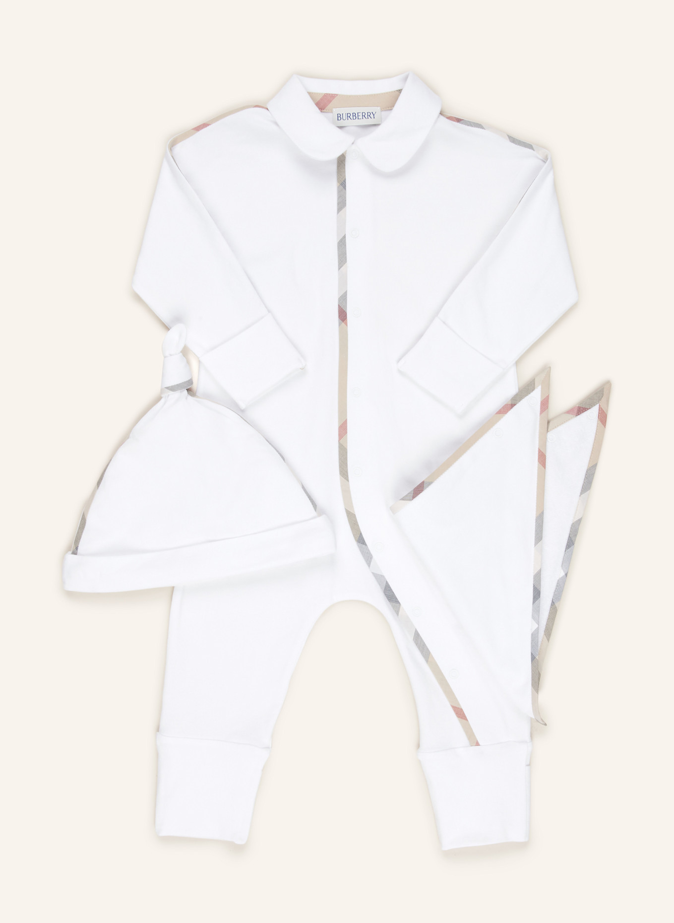 BURBERRY Set: Strampler, Mütze und Halstuch: WEISS