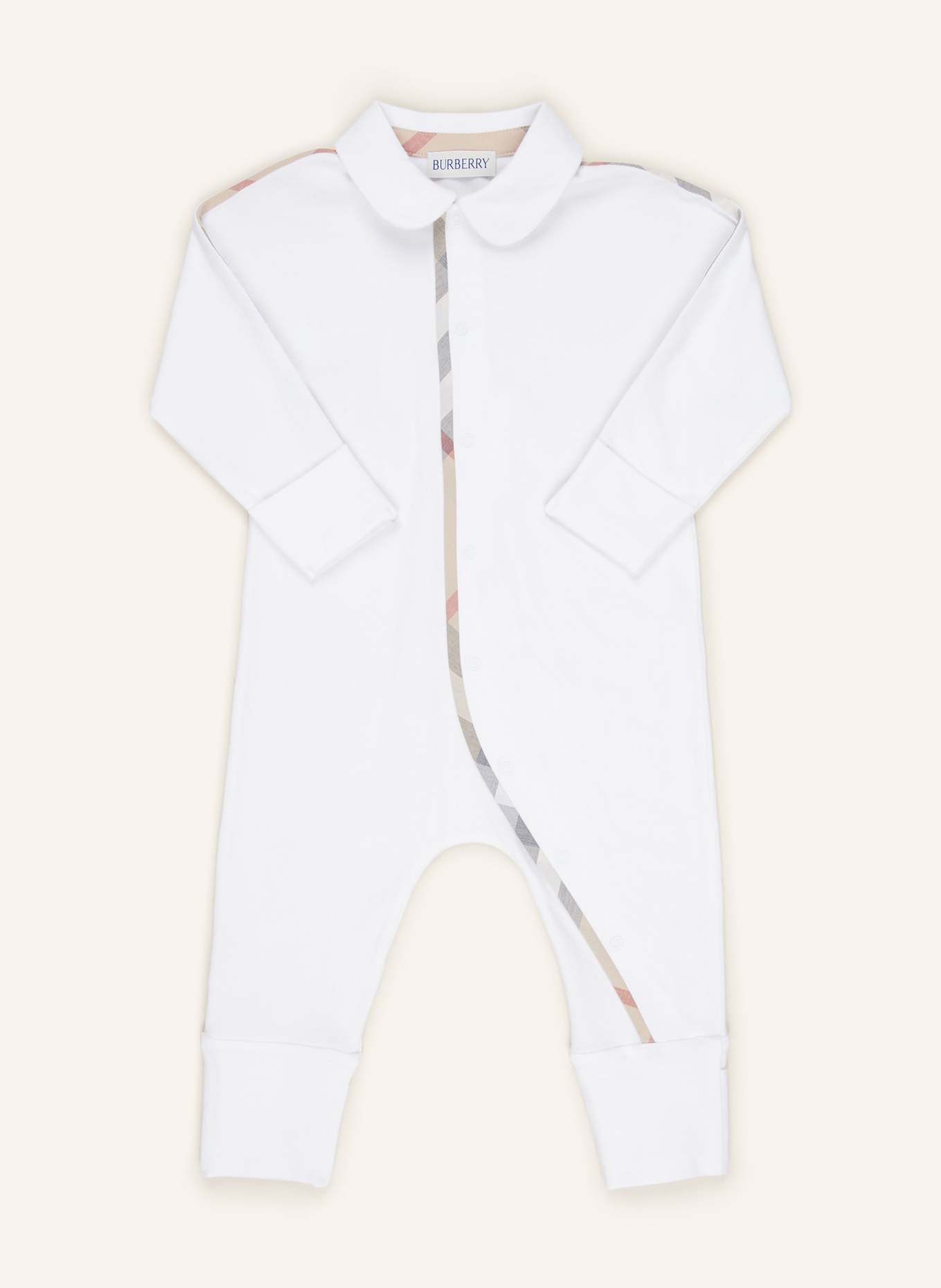 BURBERRY Set: Strampler, Mütze und Halstuch: WEISS