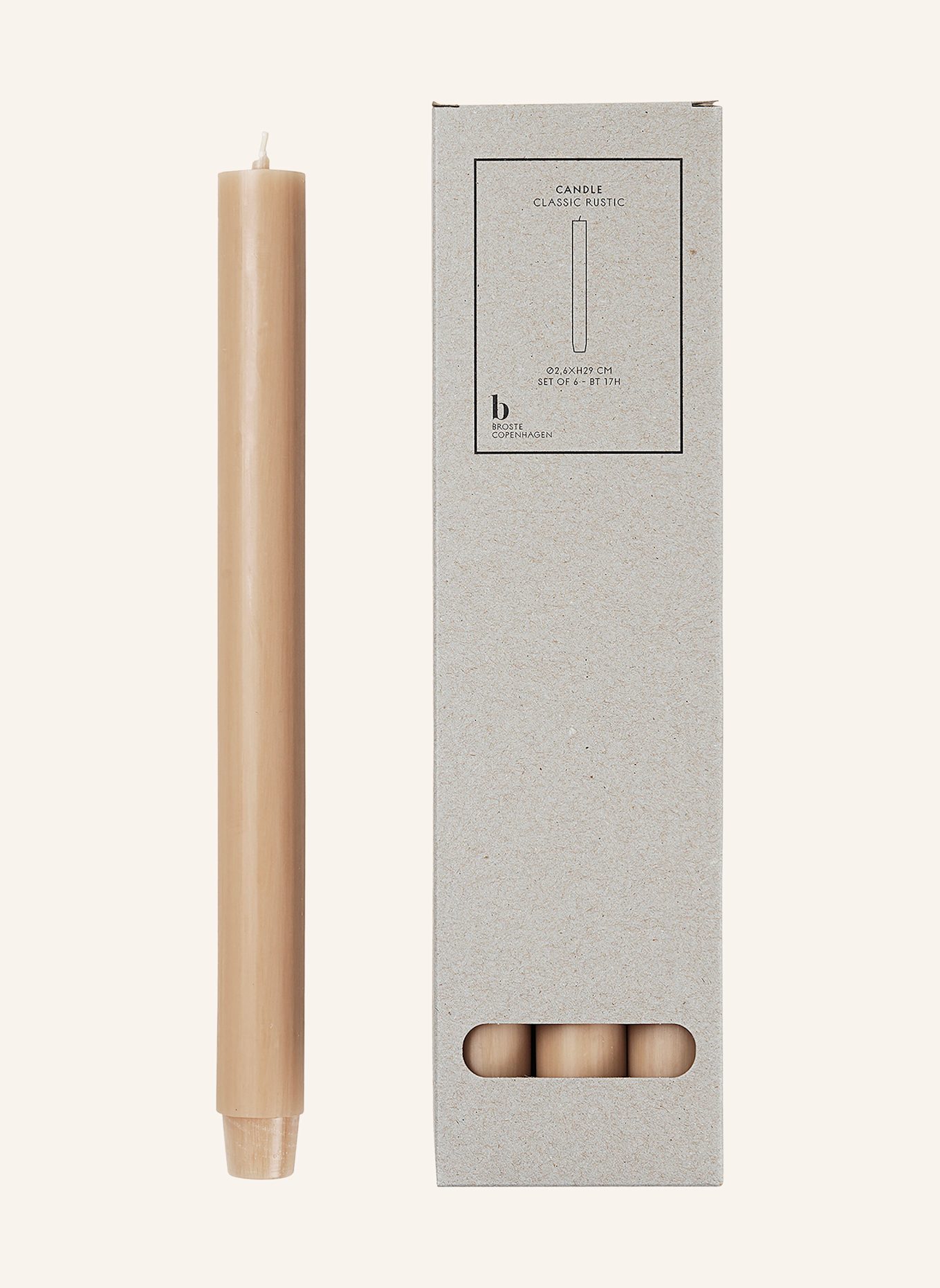 BROSTE COPENHAGEN Set of 6 taper candles CLASSIC RUSTIC: LIGHT BROWN