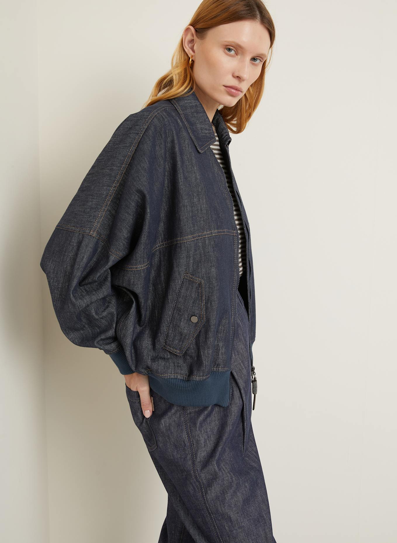 BRUNELLO CUCINELLI Denim bomber jacket: DARK BLUE