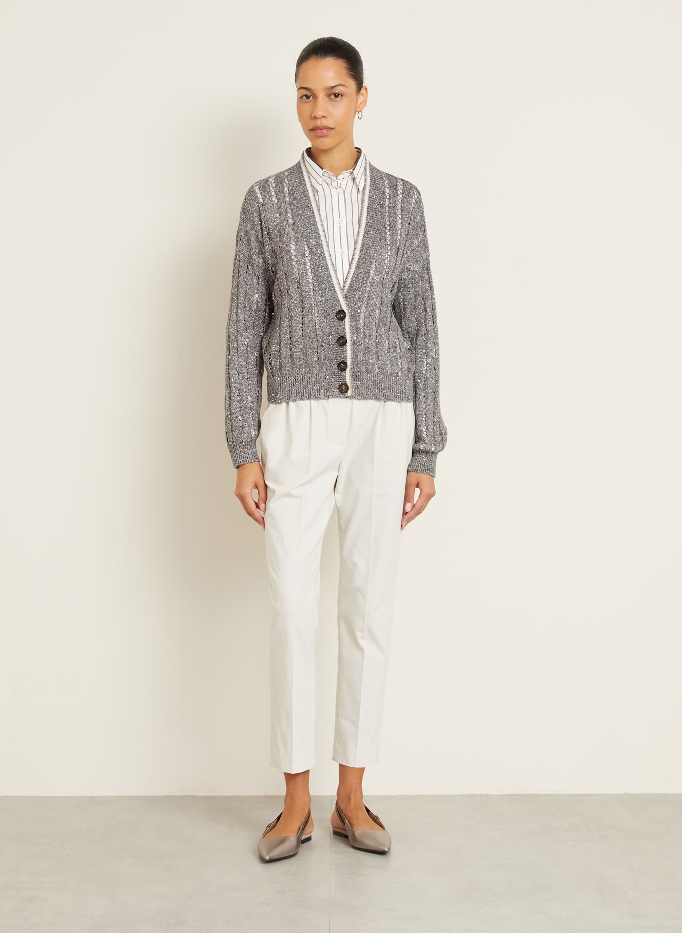 BRUNELLO CUCINELLI Cardigan made of linen with sequins: GRAY