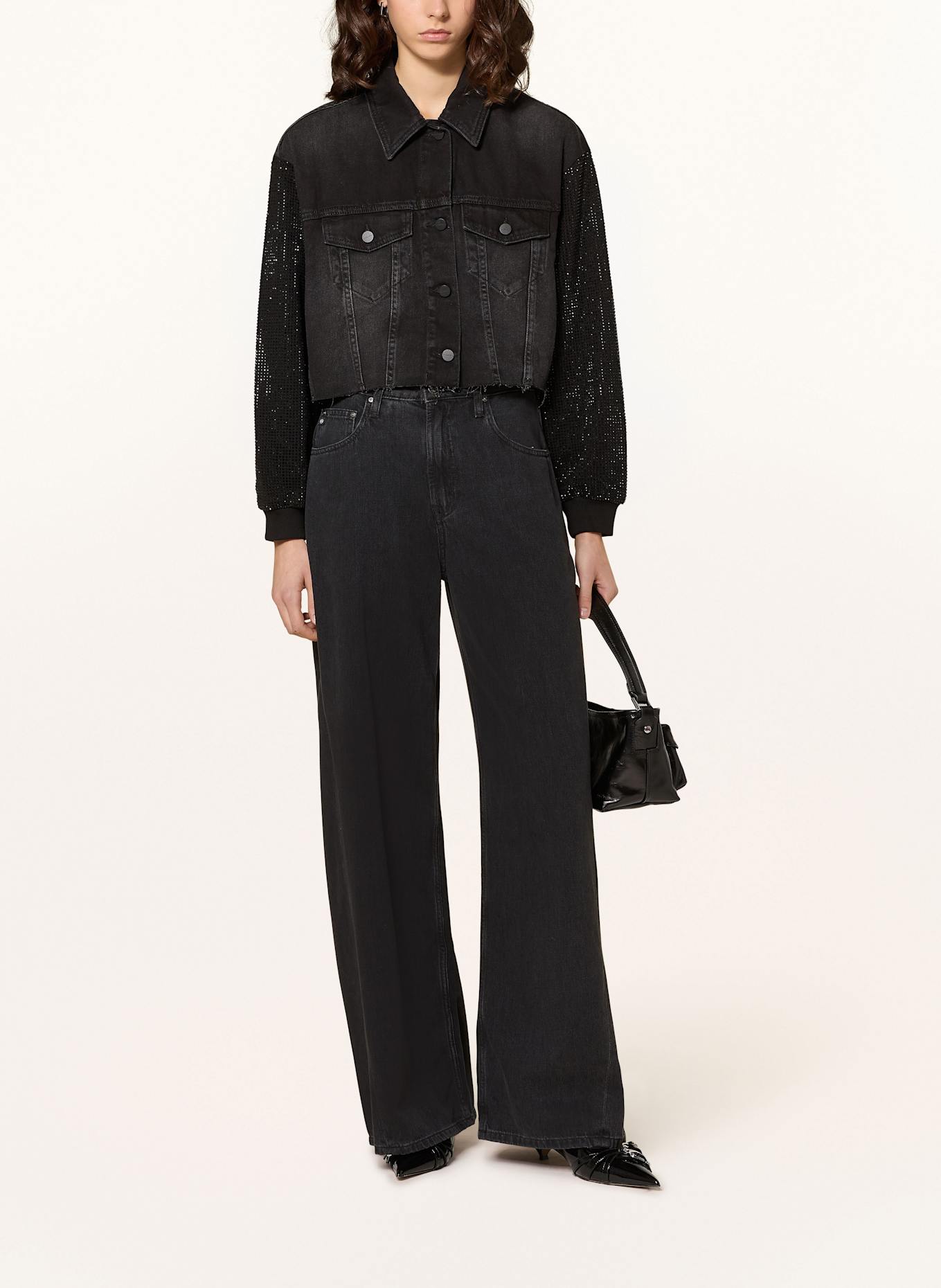 ALLSAINTS ANDERS denim jacket in mixed materials with decorative gems in black