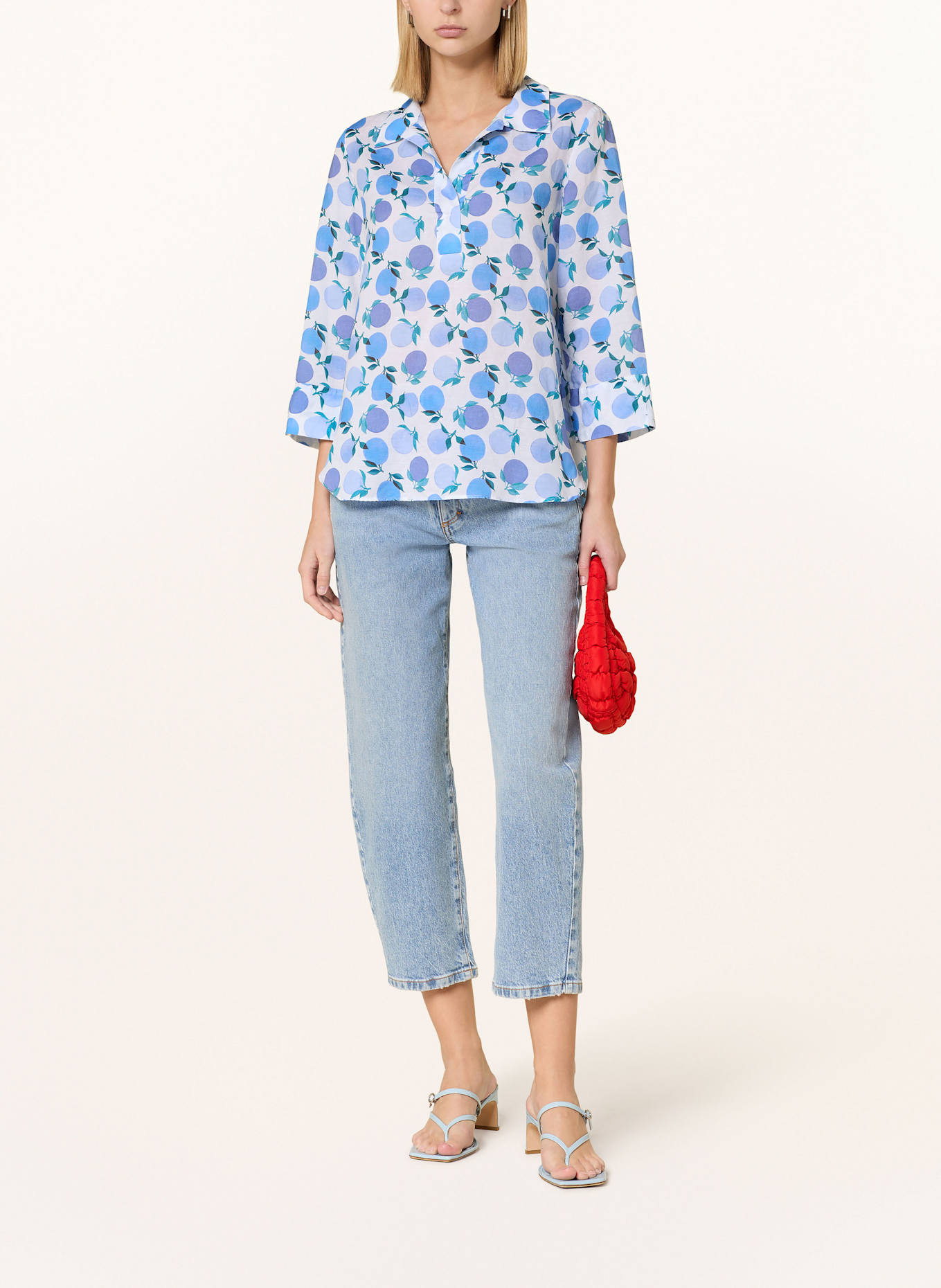 ETERNA Shirt blouse with linen and 3/4 sleeves: BLUE/ TEAL/ WHITE