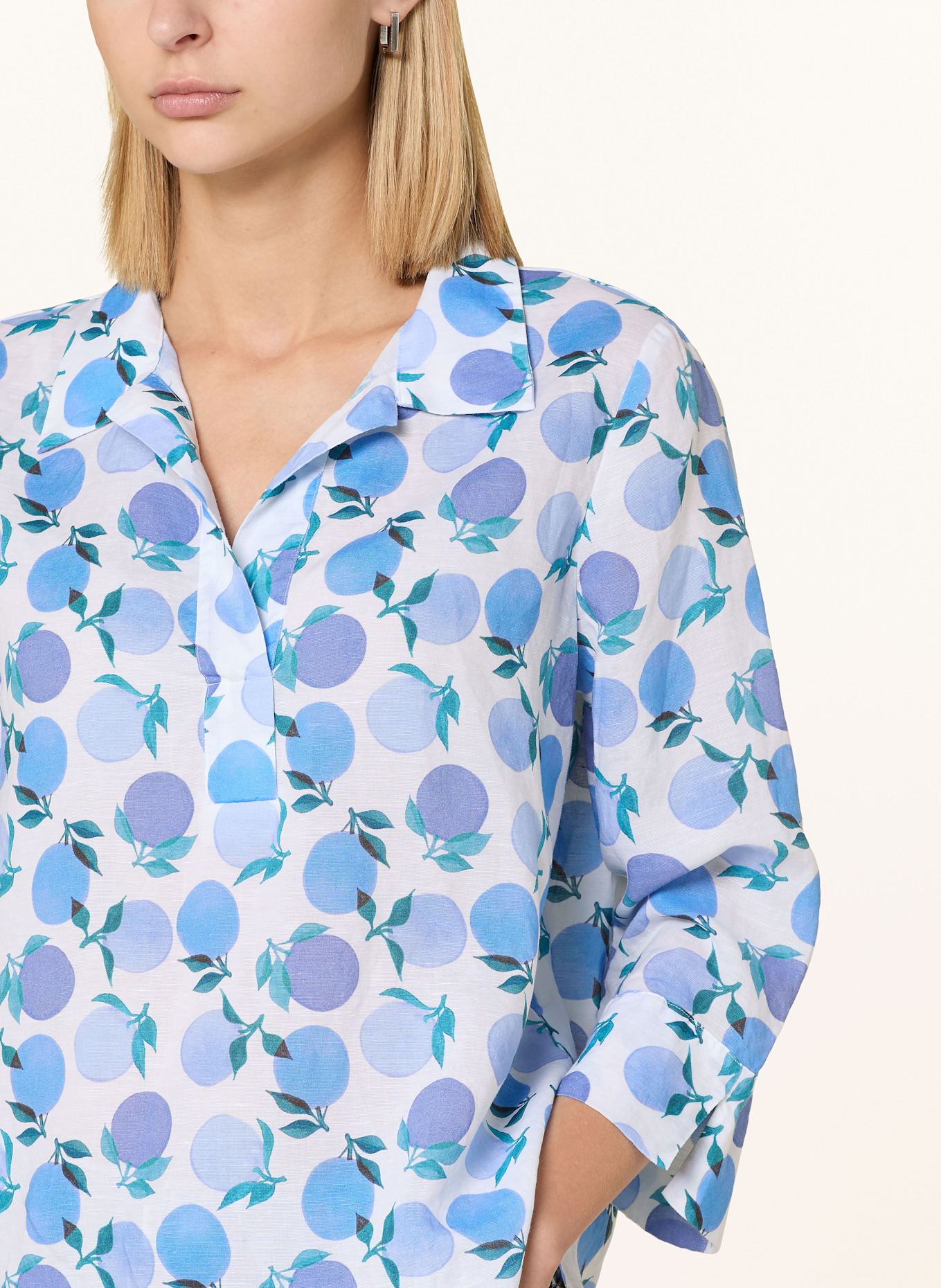 ETERNA Shirt blouse with linen and 3/4 sleeves: BLUE/ TEAL/ WHITE