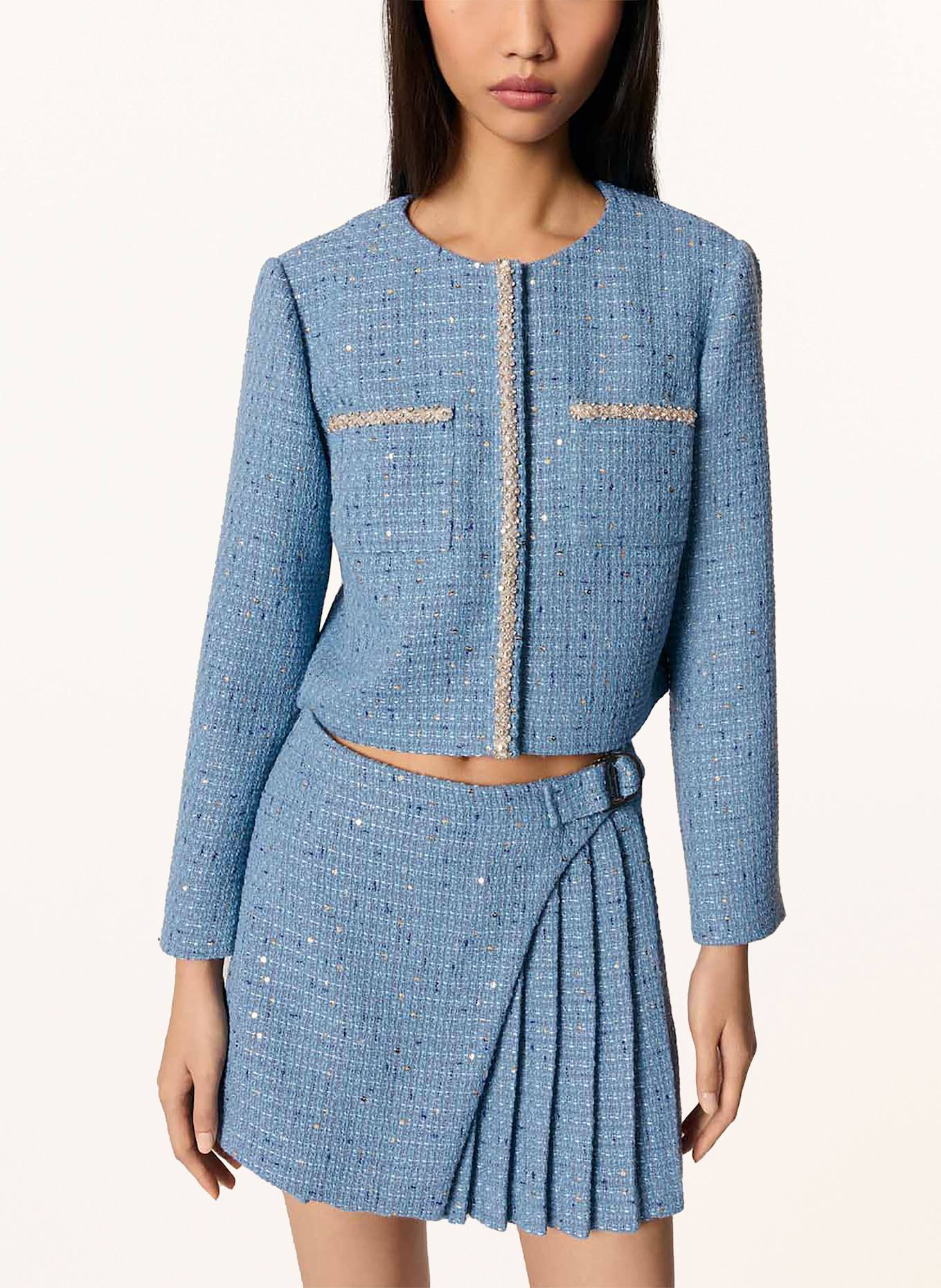 maje Tweed-Jacke mit Schmucksteinen: HELLBLAU/ BLAUGRAU/ BLAU