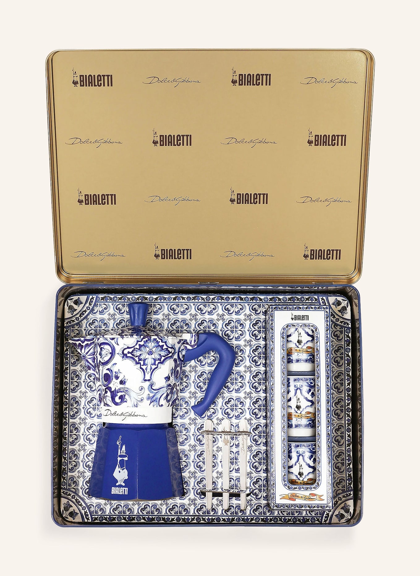 DOLCE & GABBANA CASA 7-tlg. Set: Espressokocher, Becher und Ruhrstäbchen: BLAU / WEISS