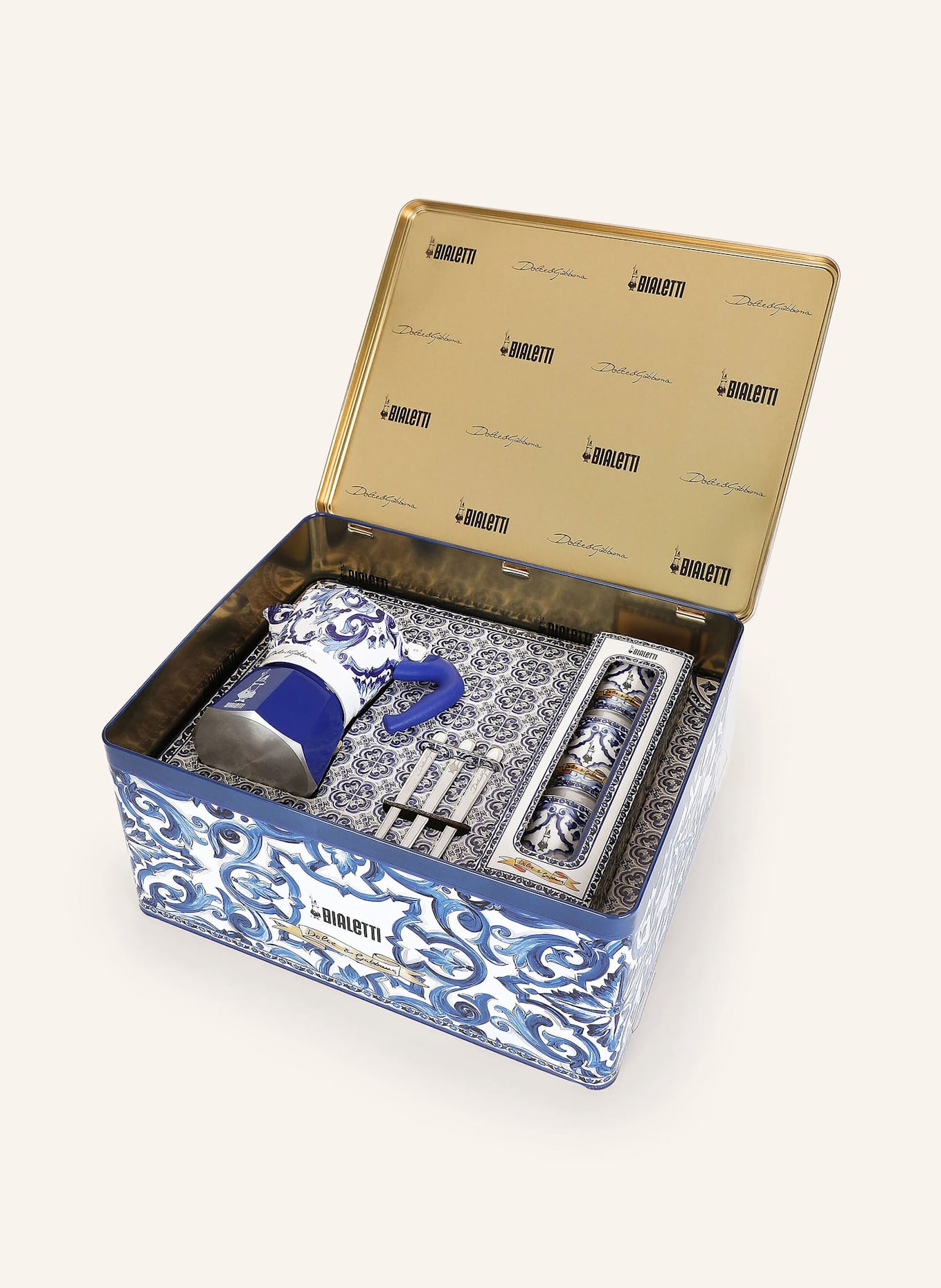 DOLCE & GABBANA CASA 7-tlg. Set: Espressokocher, Becher und Ruhrstäbchen: BLAU / WEISS