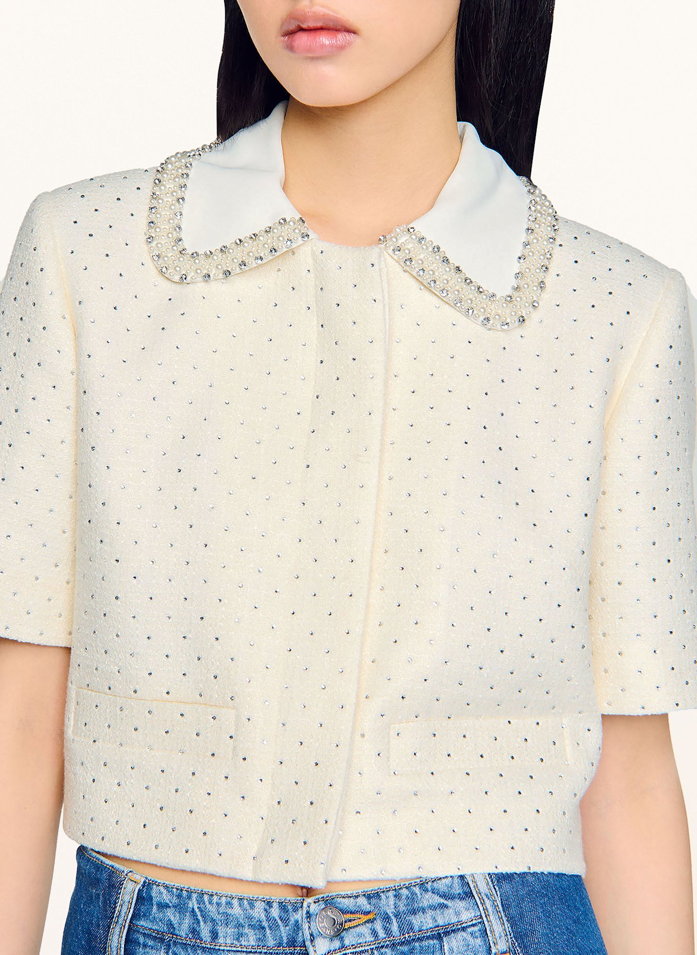 SANDRO Blazer mit Schmucksteinen: ECRU