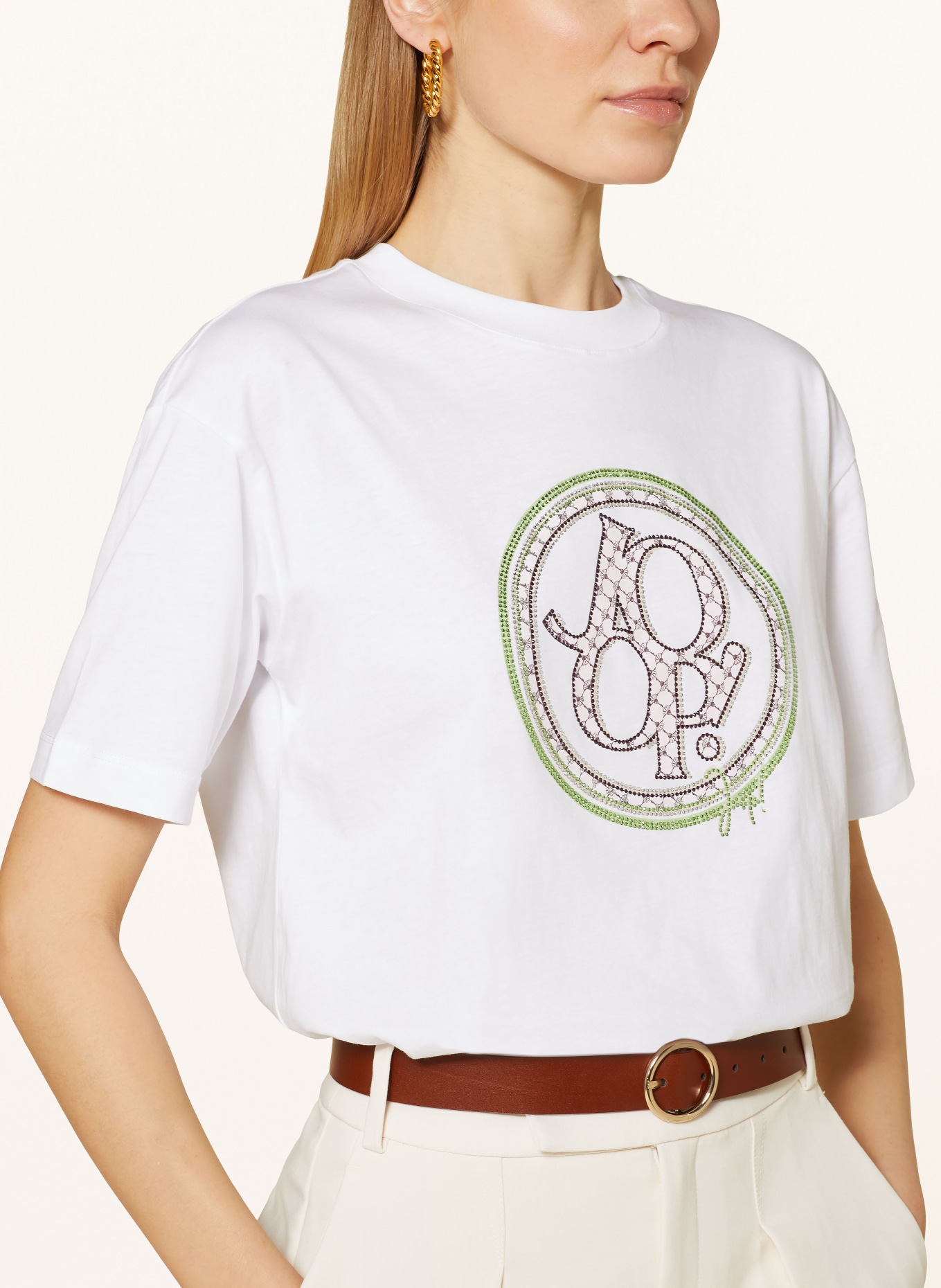 JOOP! T-shirt z obszyciem ozdobnymi kamykami, Kolor: BIAŁY (Obrazek 4)