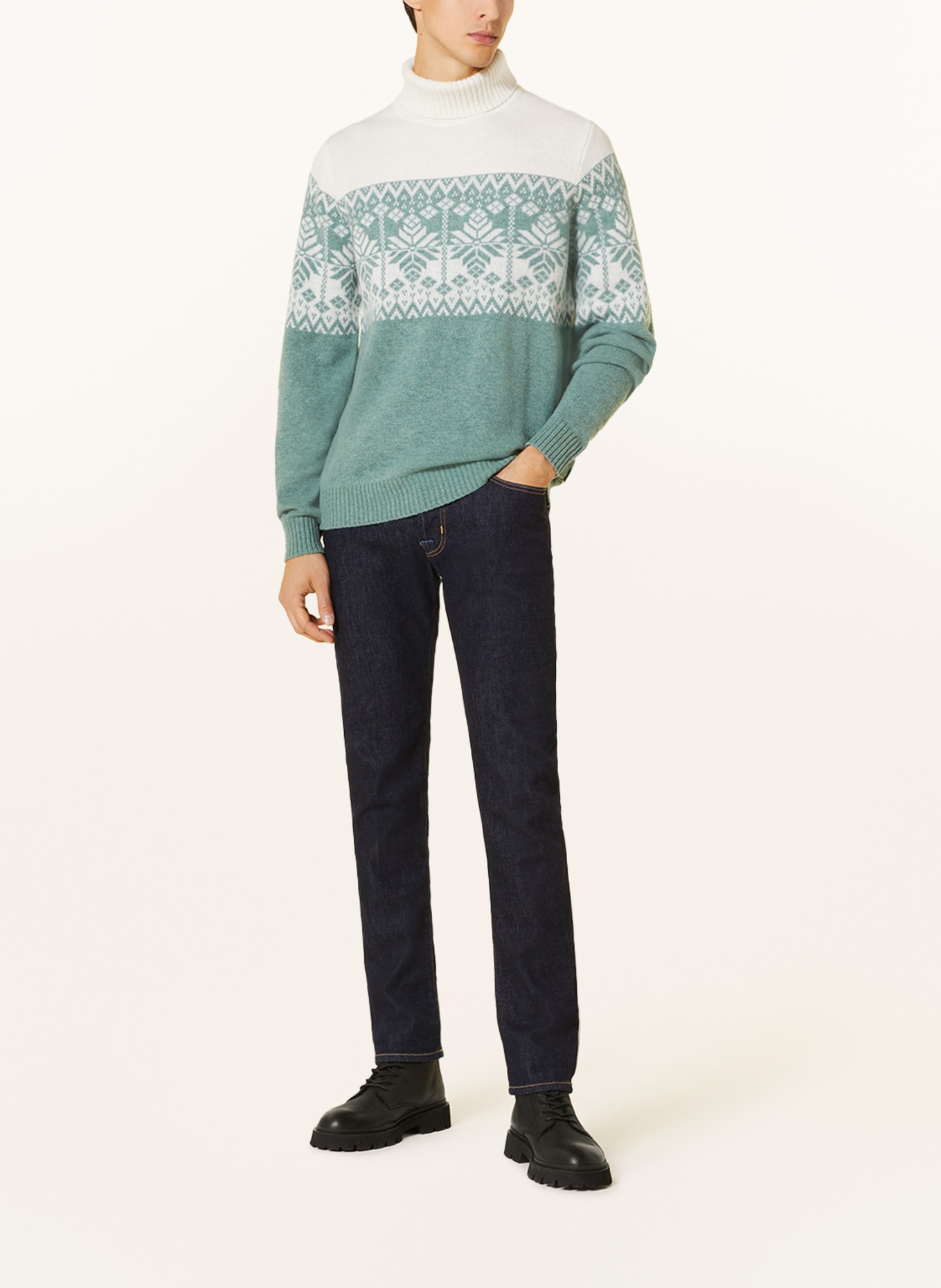 FYNCH-HATTON Rollkragenpullover: DUNKELGRÜN/ WEISS