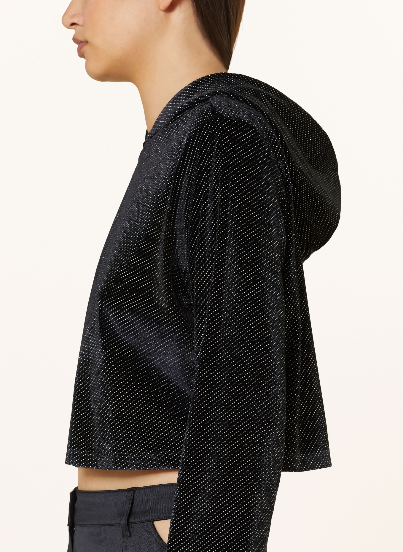 ONLY Cropped hoodie made of velvet with decorative gems, Color: BLACK/ SILVER (Image 5)