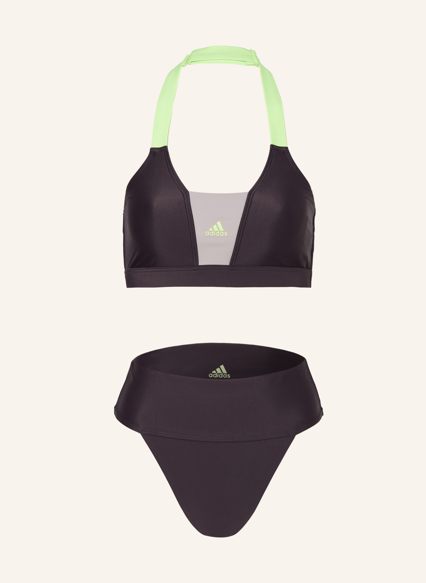 adidas Neckholder-Bikini SPORTSWEAR COLORBLOCK, Farbe: DUNKELLILA/ HELLGRÜN (Bild 1)