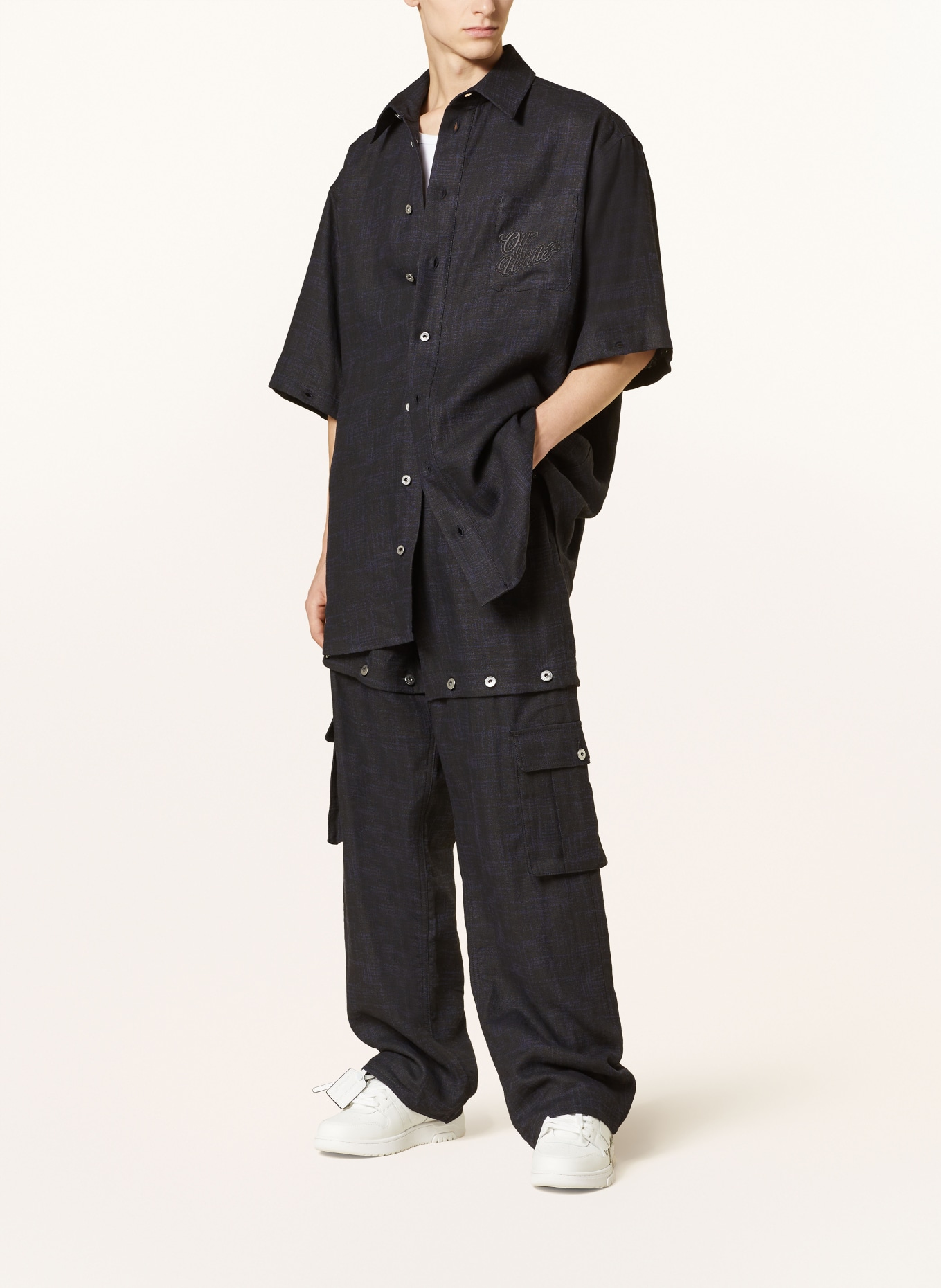 Off-White Linen overshirt with detachable sleeves, Color: BLACK/ BLUE (Image 4)