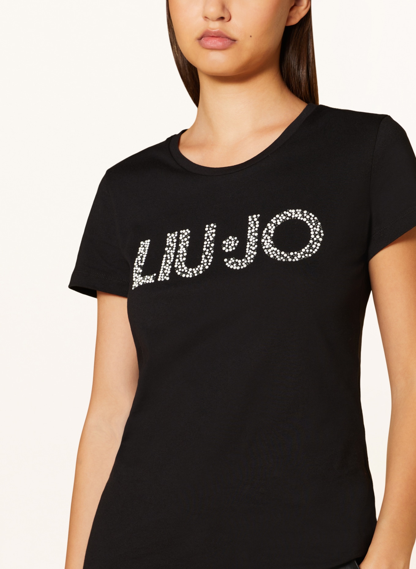 LIU JO T-shirt z ozdobnymi kamykami i ozdobnymi perełkami, Kolor: CZARNY (Obrazek 4)
