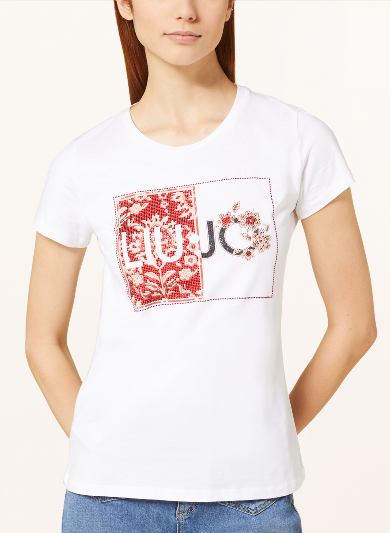 LIU JO T-shirt z obszyciem ozdobnymi kamykami, Kolor: BIAŁY/ CZERWONY/ GRANATOWY (Obrazek 4)