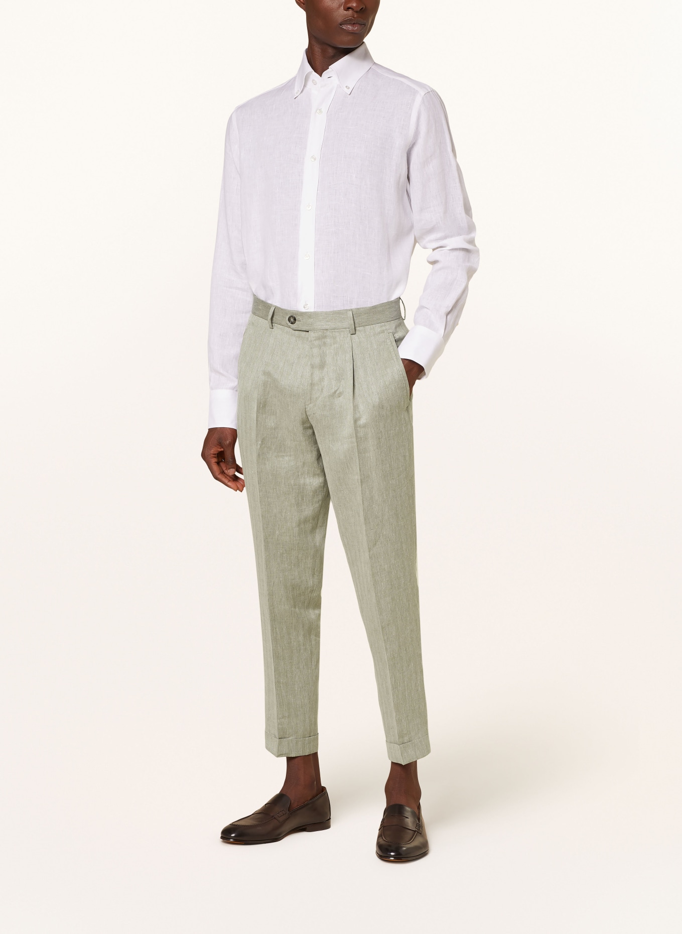 BOSS Oblekové kalhoty PEET Relaxed Fit ze lnu, Barva: 344 OPEN GREEN (Obrázek 3)