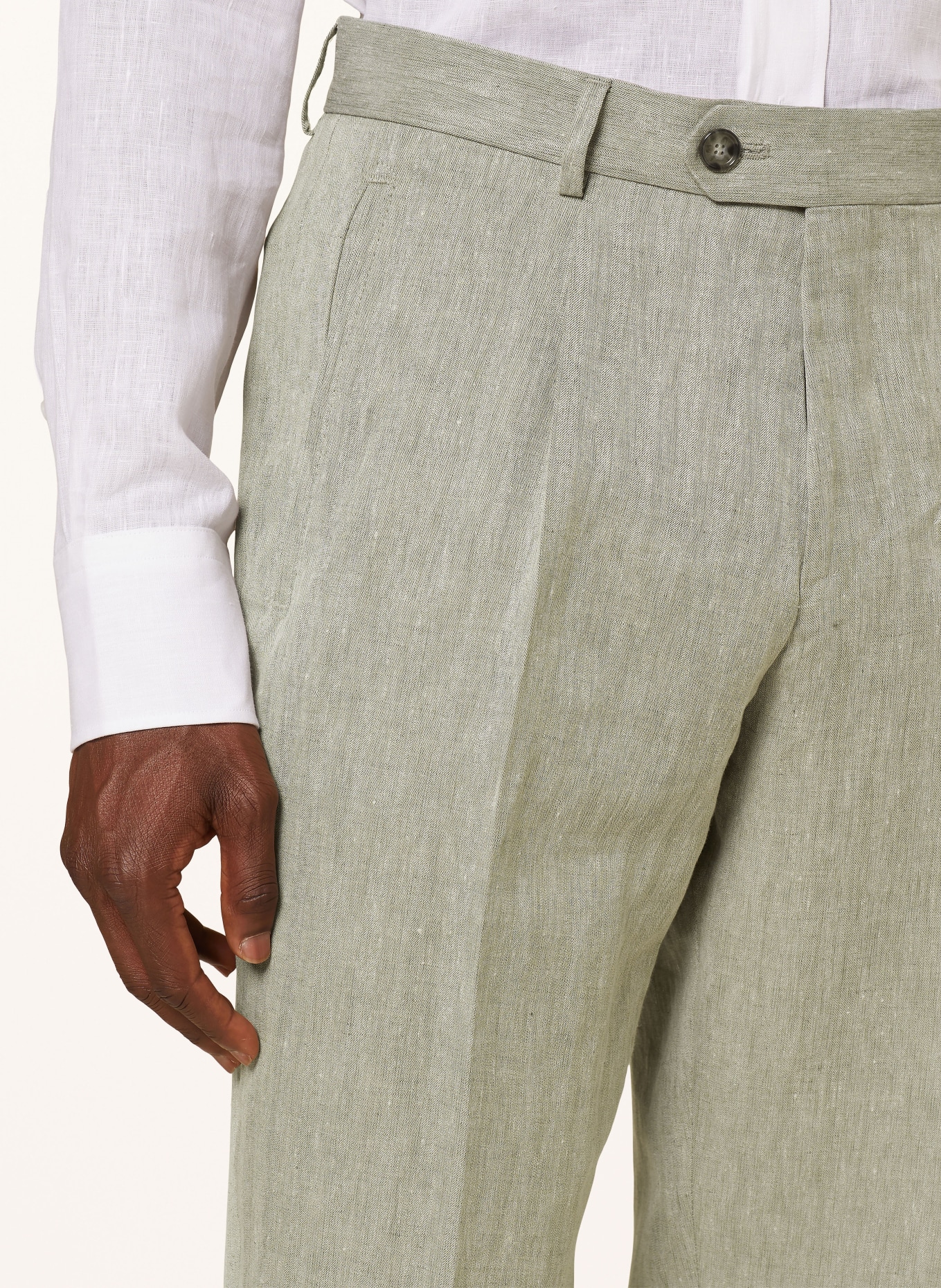 BOSS Oblekové kalhoty PEET Relaxed Fit ze lnu, Barva: 344 OPEN GREEN (Obrázek 6)