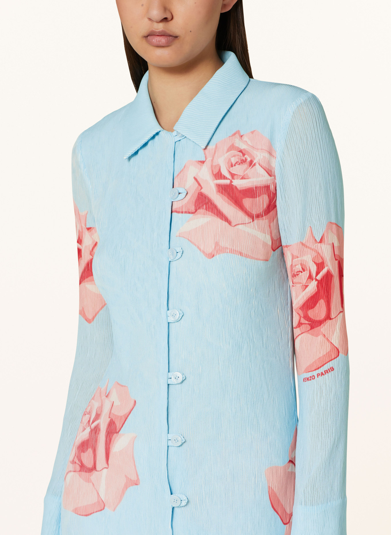 KENZO Hemdblusenkleid mit Plissees, Farbe: HELLBLAU/ ROT/ NUDE (Bild 4)
