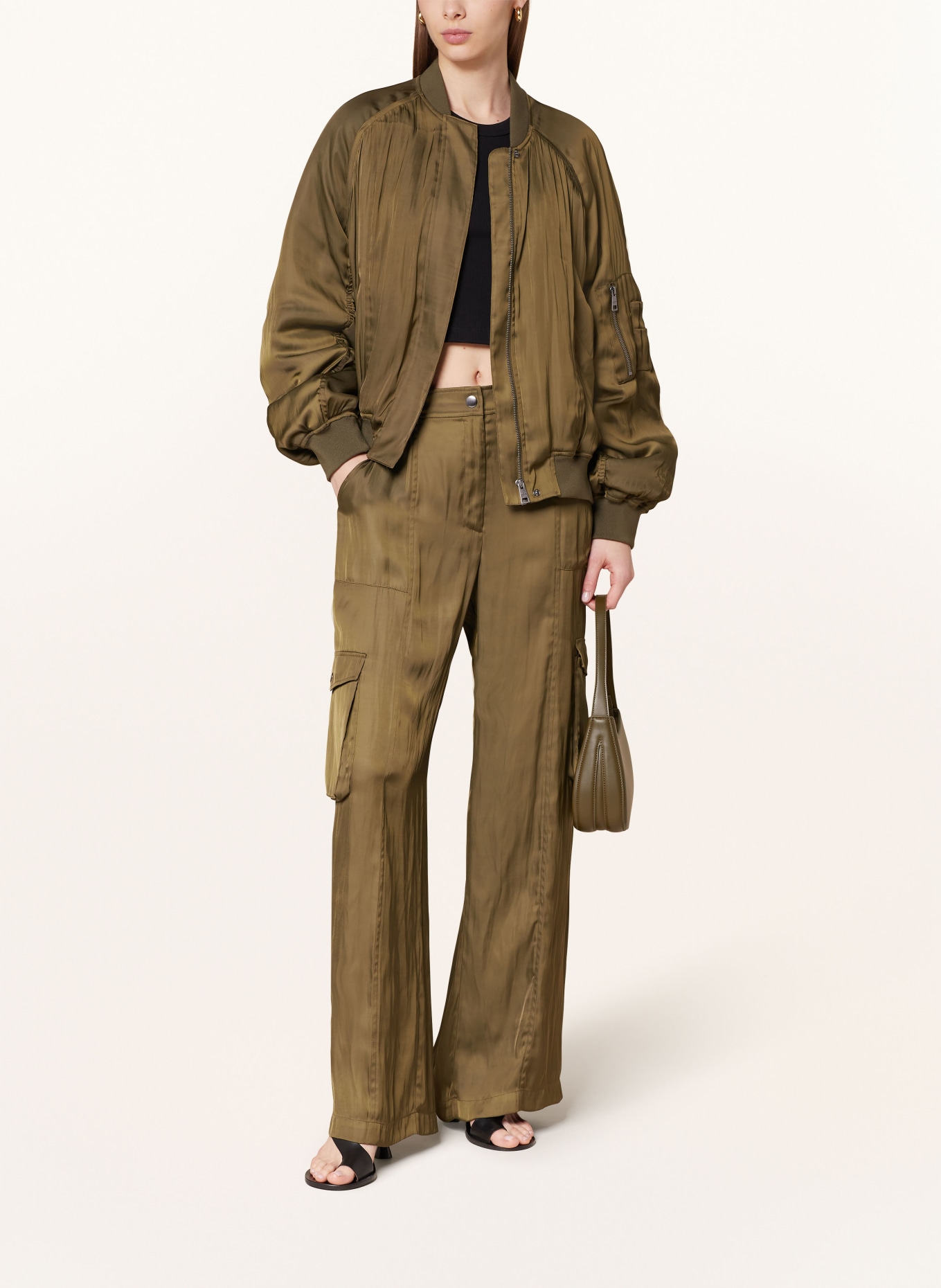 Lala Berlin Satin bomber jacket JORDIN, Color: OLIVE (Image 2)