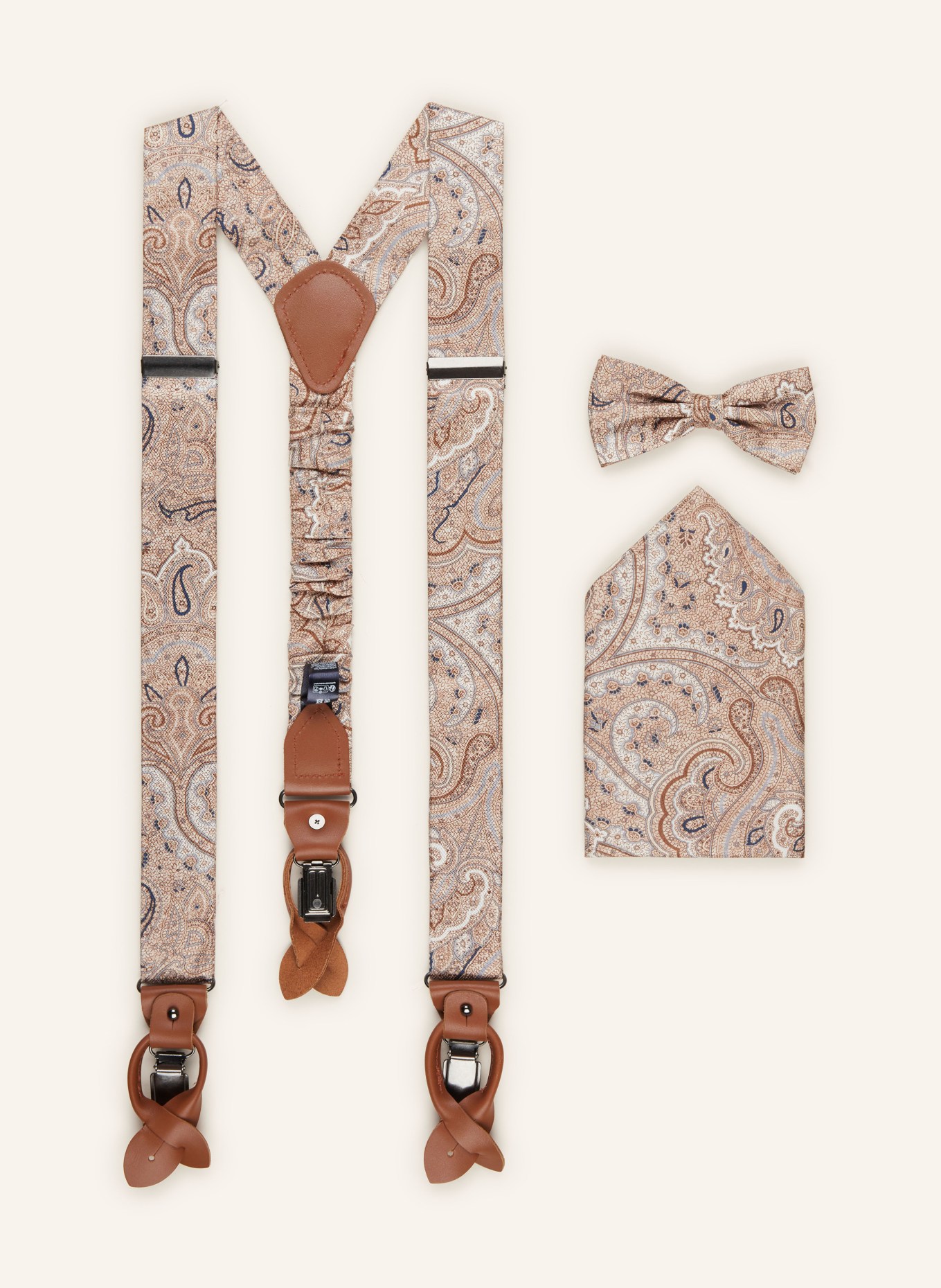 Prince BOWTIE Set: Suspenders, bow tie and pocket square, Color: BLUE/ BEIGE/ WHITE (Image 1)