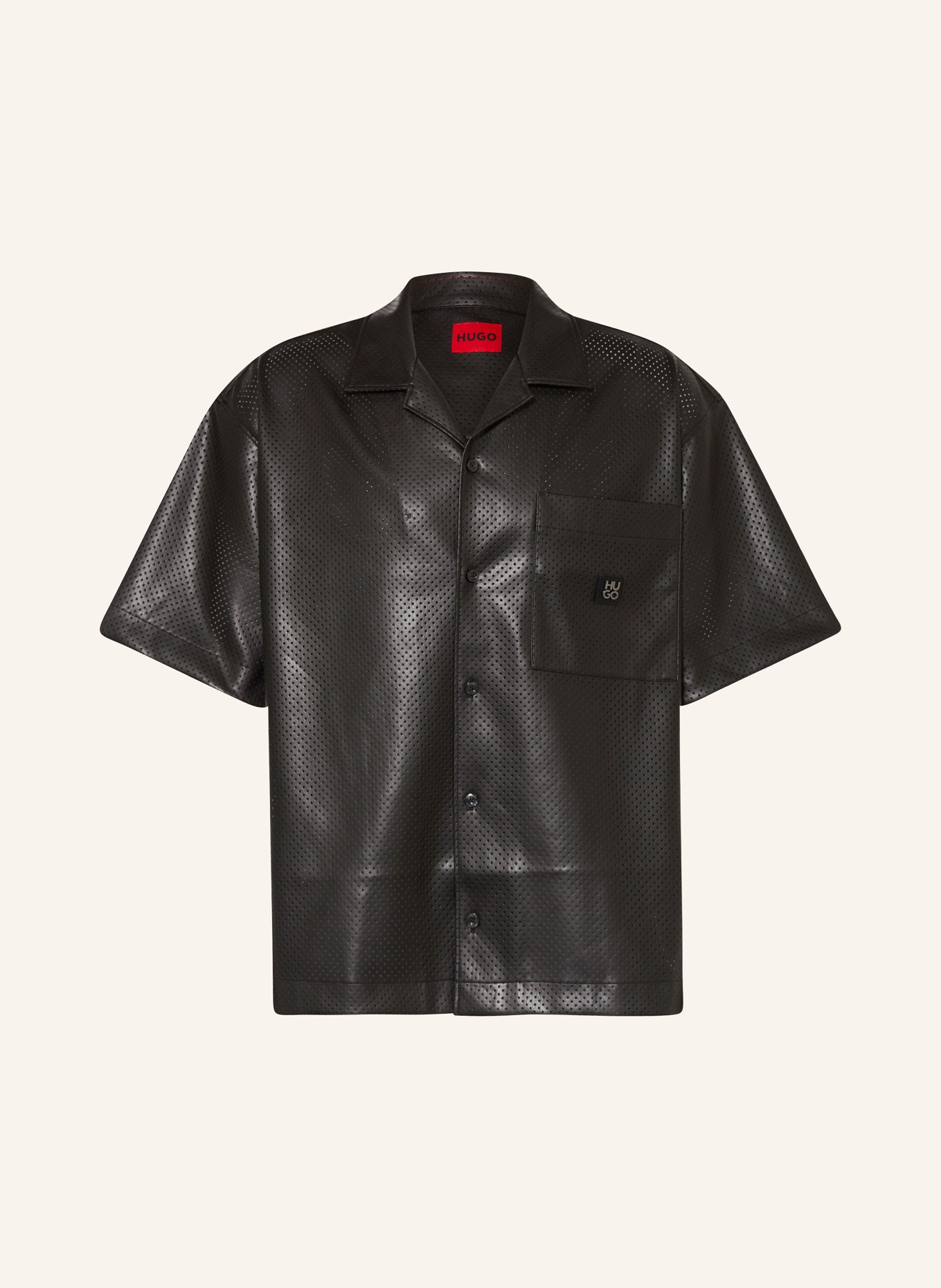 HUGO Resort shirt EGEENO oversized fit leather look, Color: BLACK (Image 1)