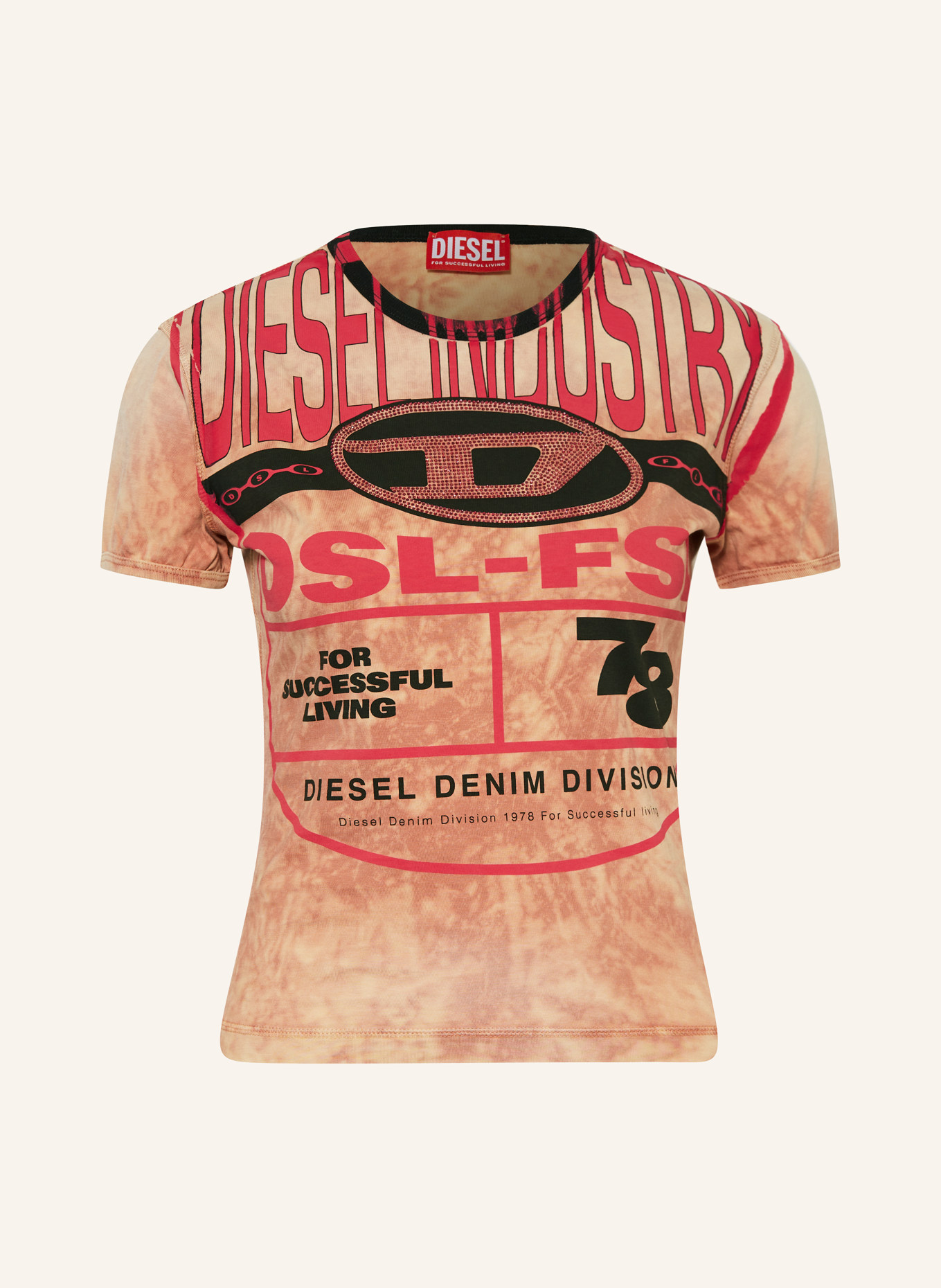 DIESEL T-shirt T-UNCUTIE-LONG-N8 z ozdobnymi kamykami, Kolor: CIEMNOPOMARAŃCZOWY/ CZERWONY/ CZARNY (Obrazek 1)
