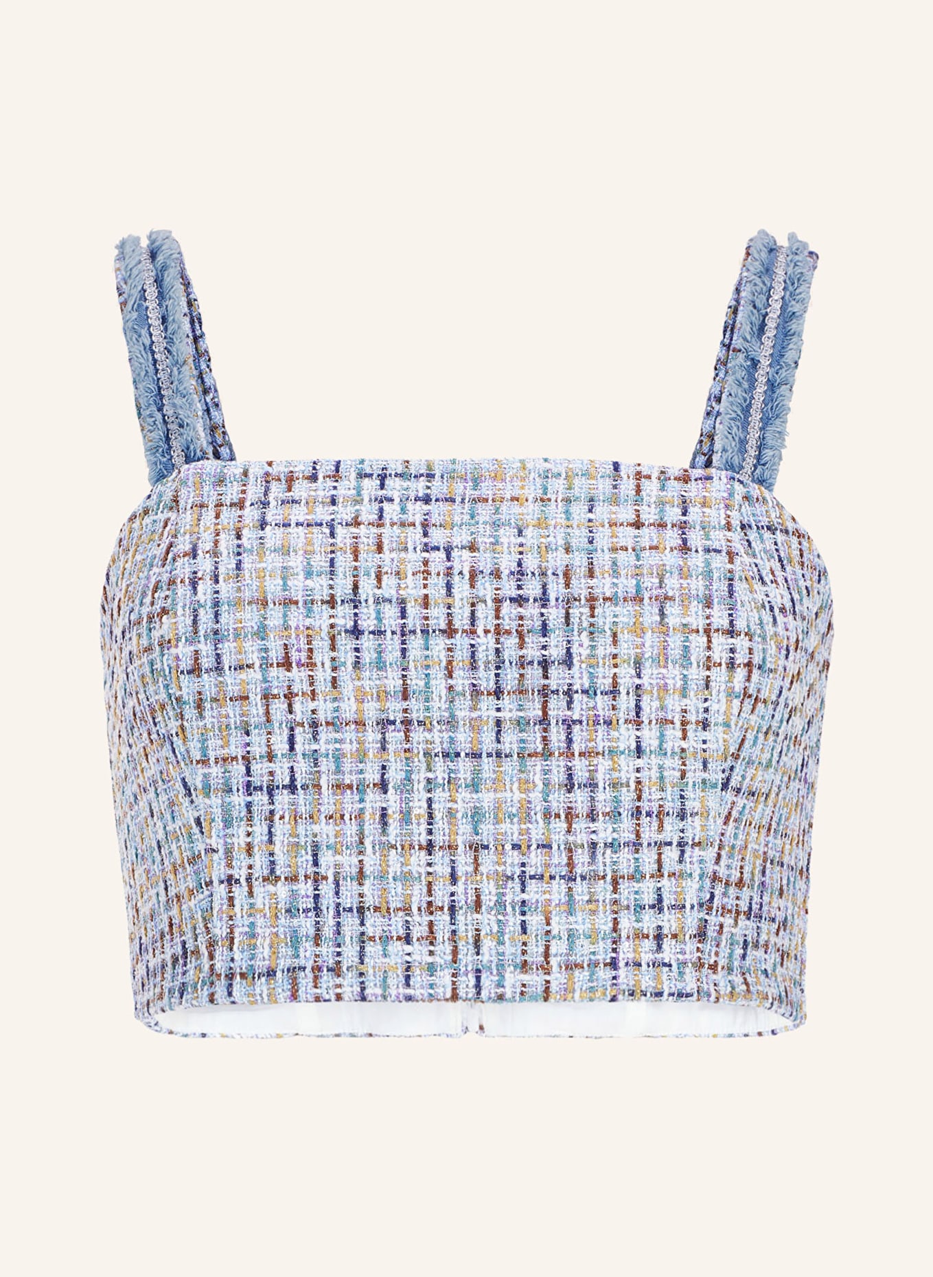 SWING Cropped top with glitter thread, Color: LIGHT BLUE/ WHITE/ DARK YELLOW (Image 1)