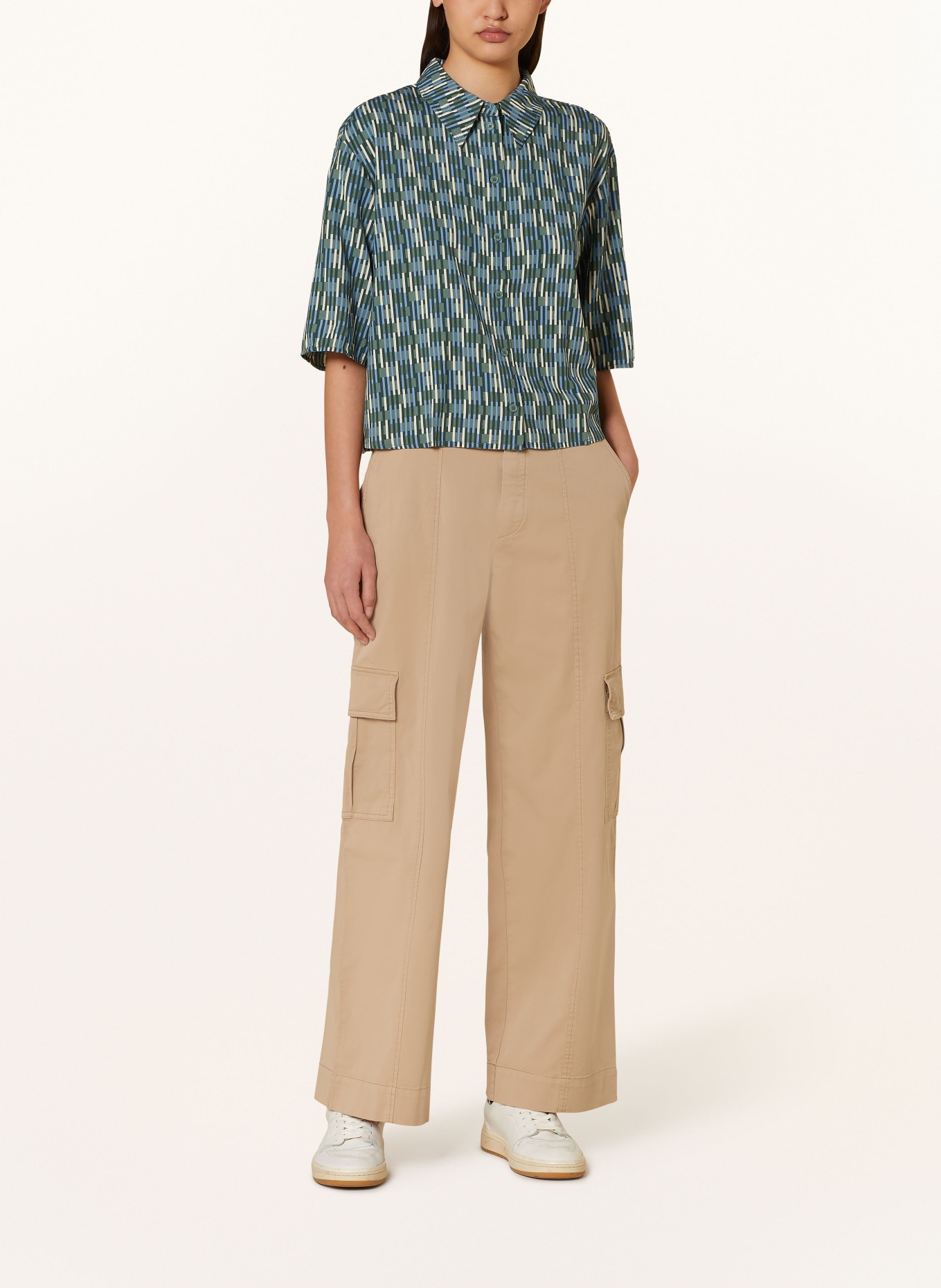 Marc O'Polo DENIM Cropped shirt blouse, Color: GREEN/ LIGHT BLUE/ ECRU (Image 2)