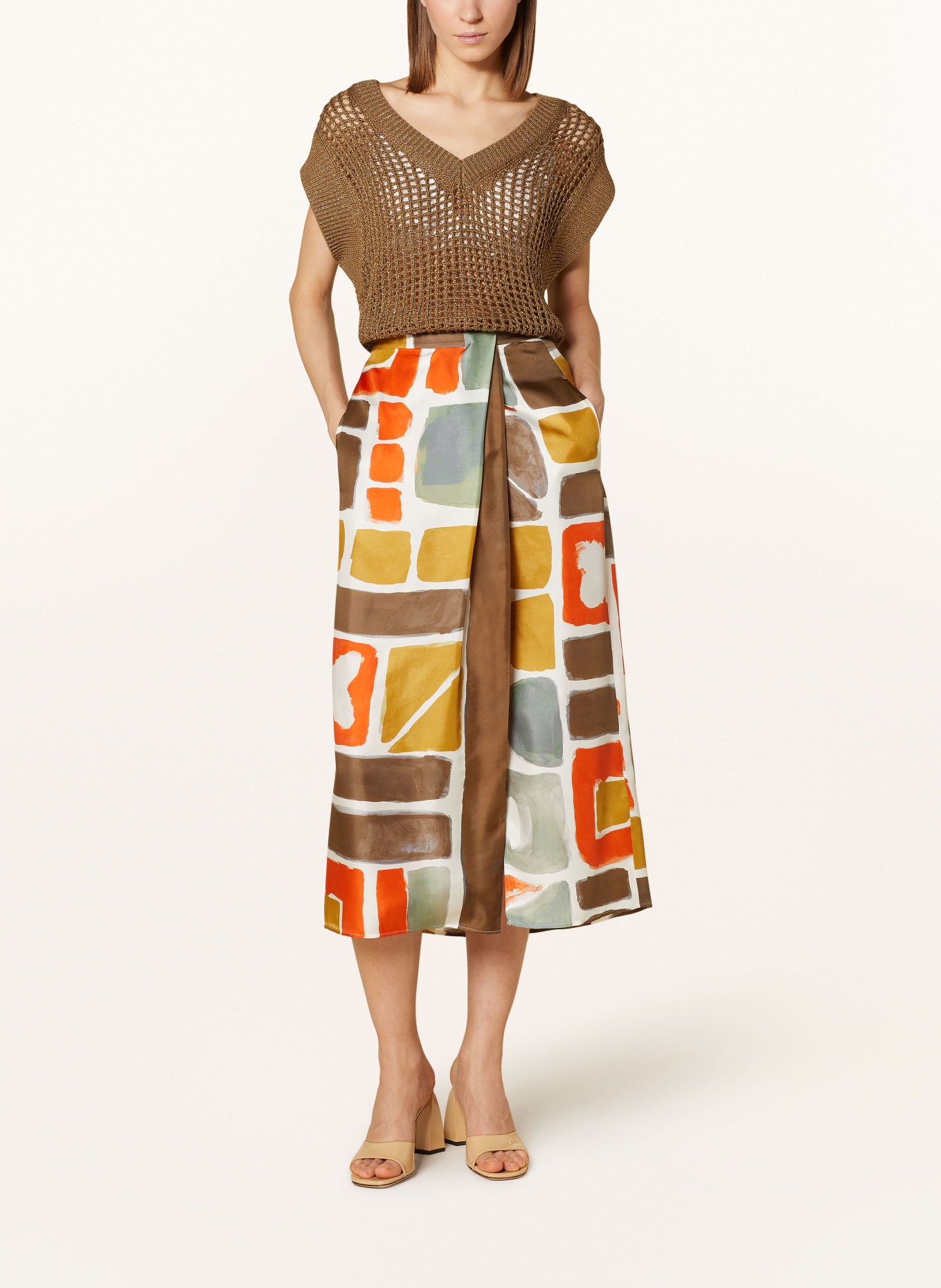 LUISA CERANO Satin skirt in wrap look, Color: WHITE/ KHAKI/ ORANGE (Image 2)