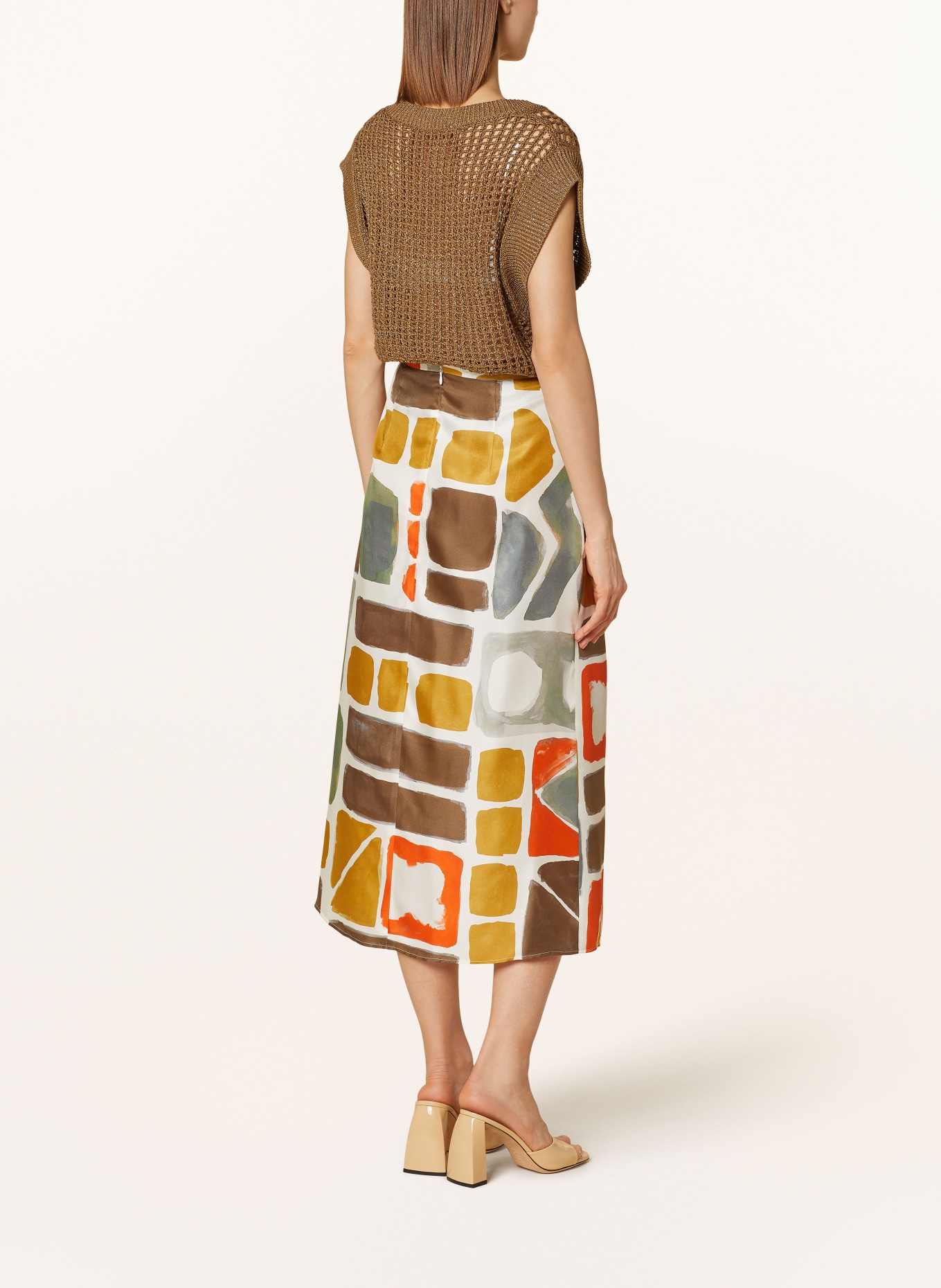 LUISA CERANO Satin skirt in wrap look, Color: WHITE/ KHAKI/ ORANGE (Image 3)