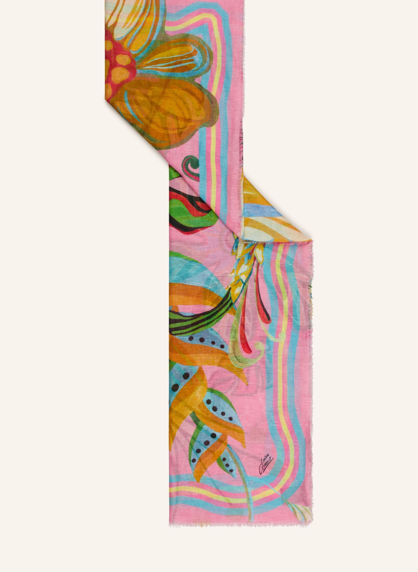 LUISA CERANO Scarf with linen, Color: PINK/ DARK ORANGE/ GREEN (Image 2)