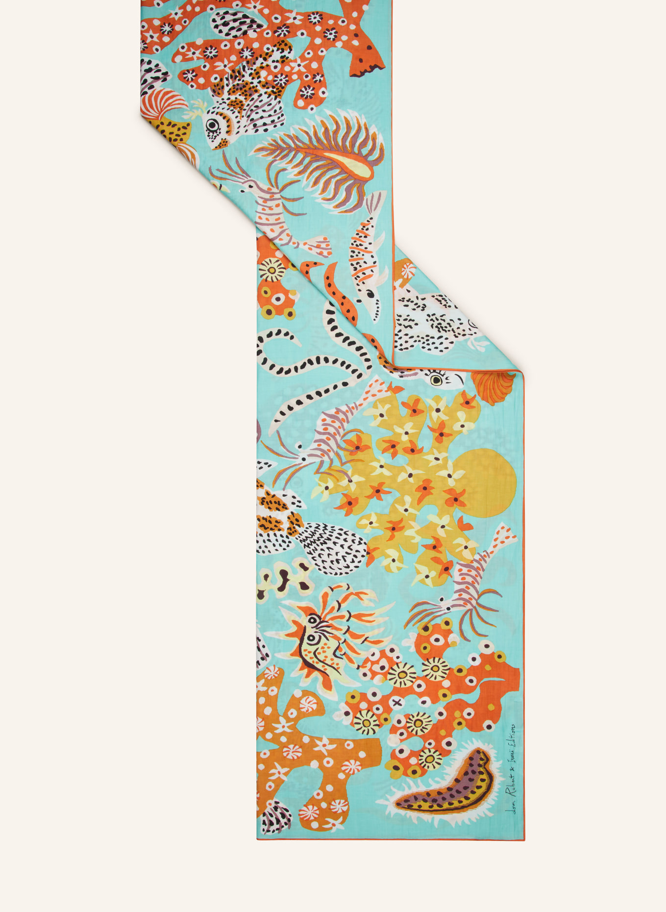 INOUI EDITIONS Scarf JARDIN DE SIRENES with silk, Color: ORANGE/ MINT/ BROWN (Image 2)