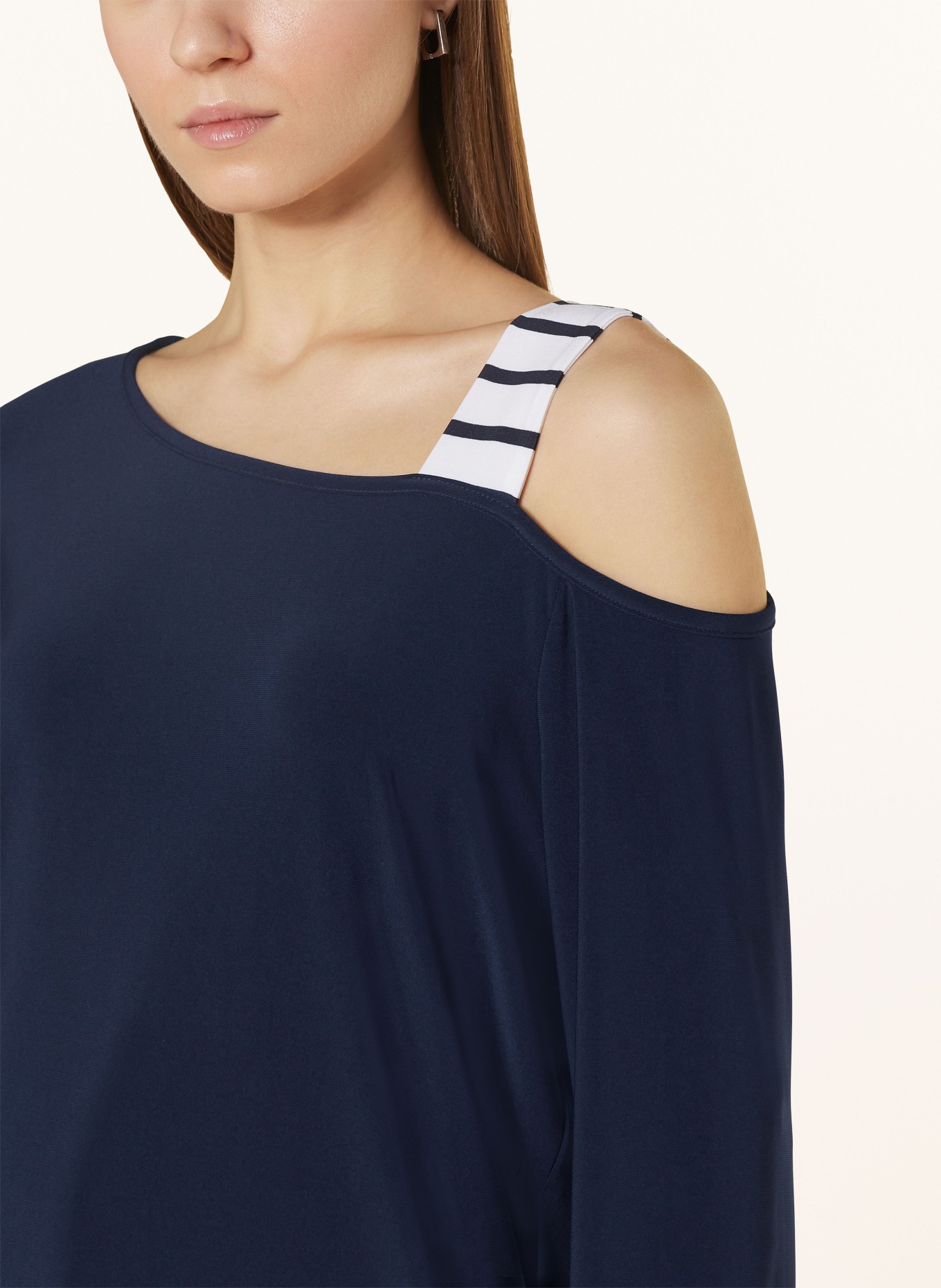 Joseph Ribkoff One-shoulder-shirt with 3/4 sleeves, Color: DARK BLUE/ WHITE (Image 4)