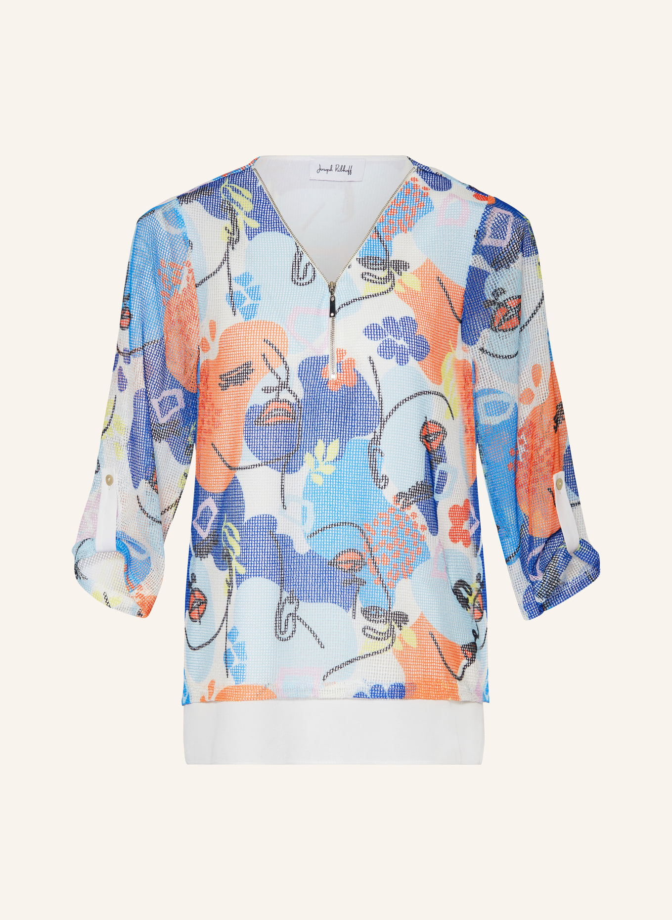 Joseph Ribkoff Shirt blouse with 3/4 sleeves, Color: BLUE/ WHITE/ ORANGE (Image 1)