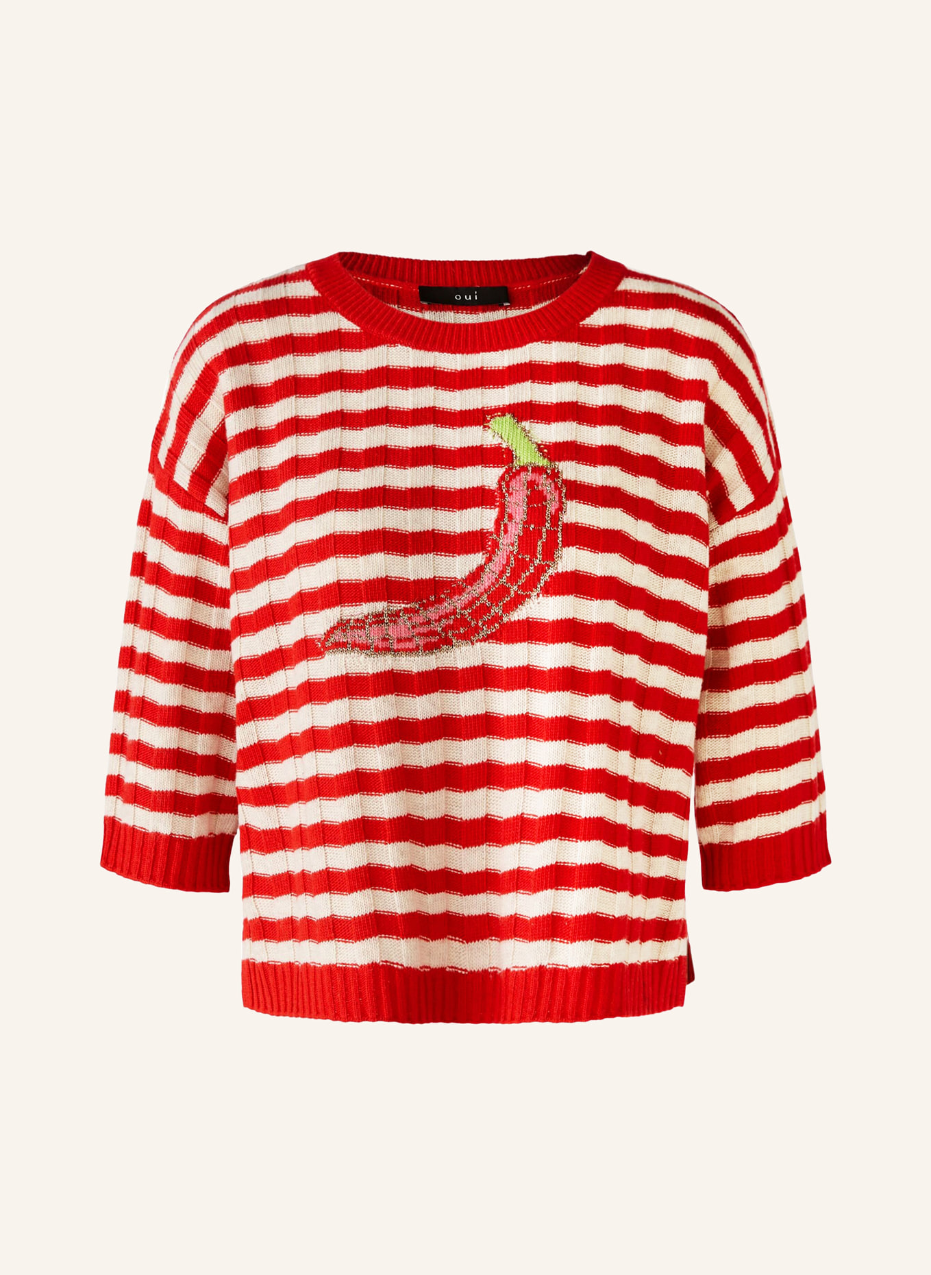 oui Knit shirt with glitter thread, Color: RED/ CREAM/ PINK (Image 1)