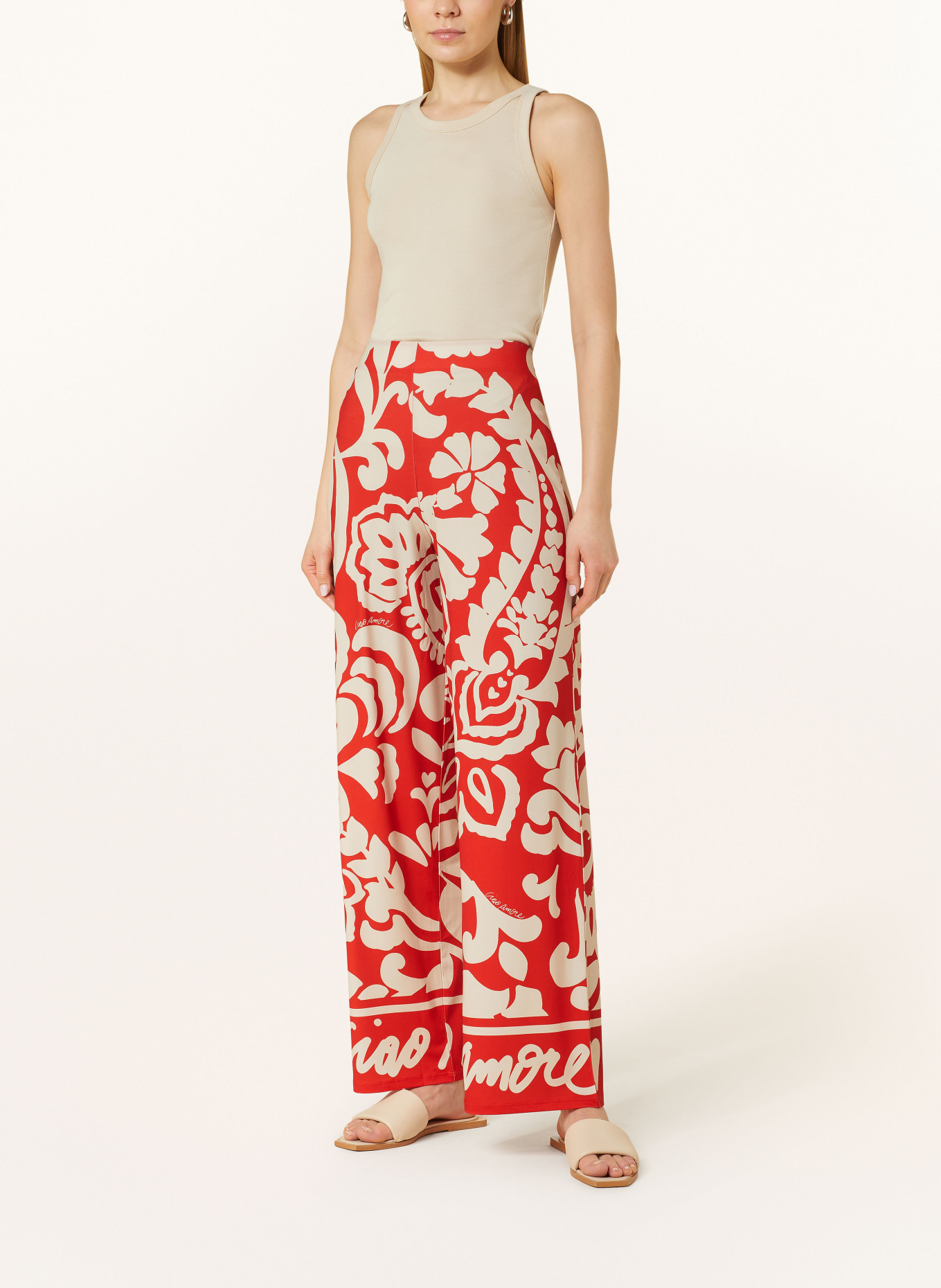 oui Wide leg trousers, Color: RED/ CREAM (Image 2)