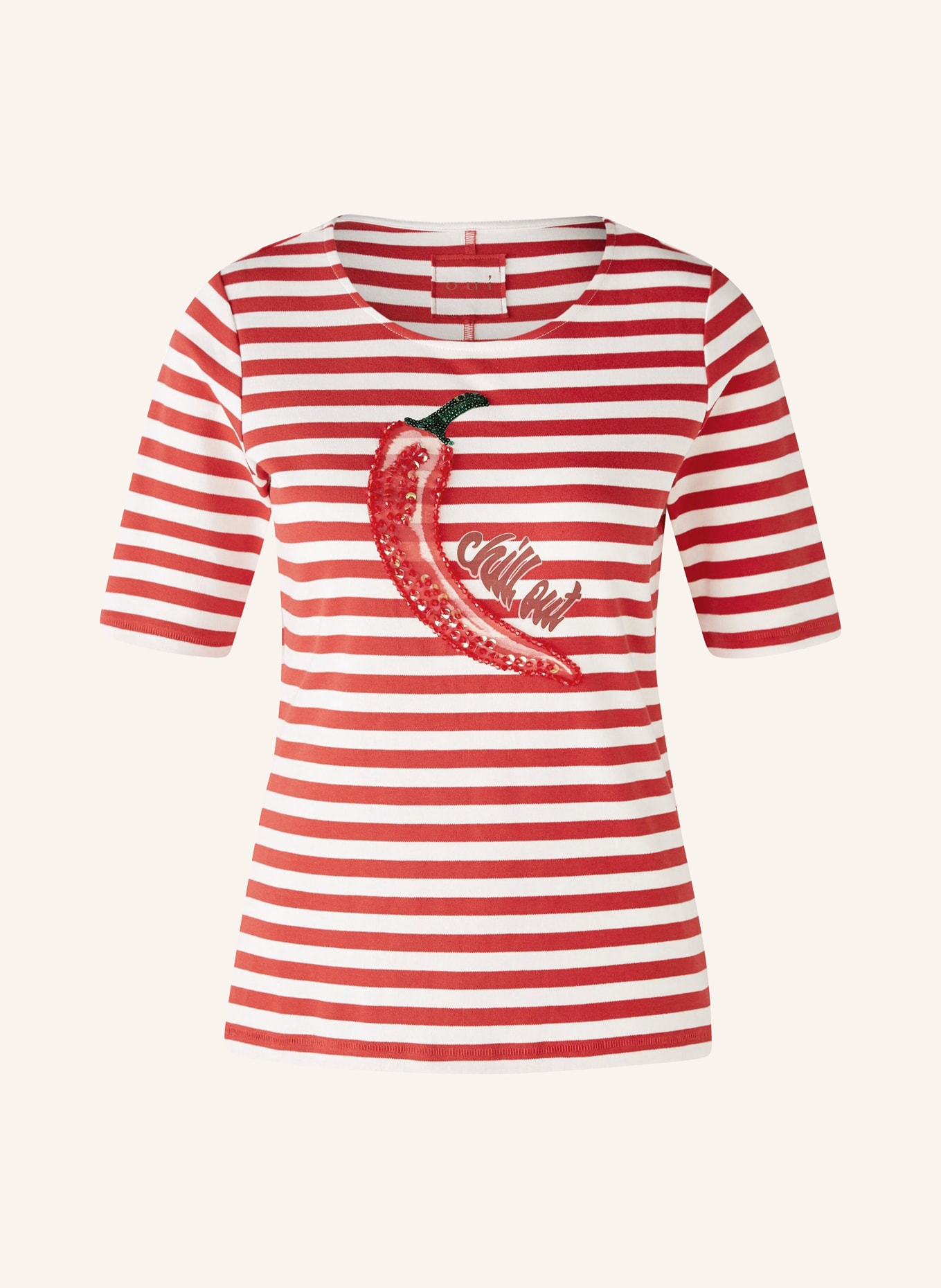 oui T-shirt with sequins and decorative beads, Color: WHITE/ RED (Image 1)