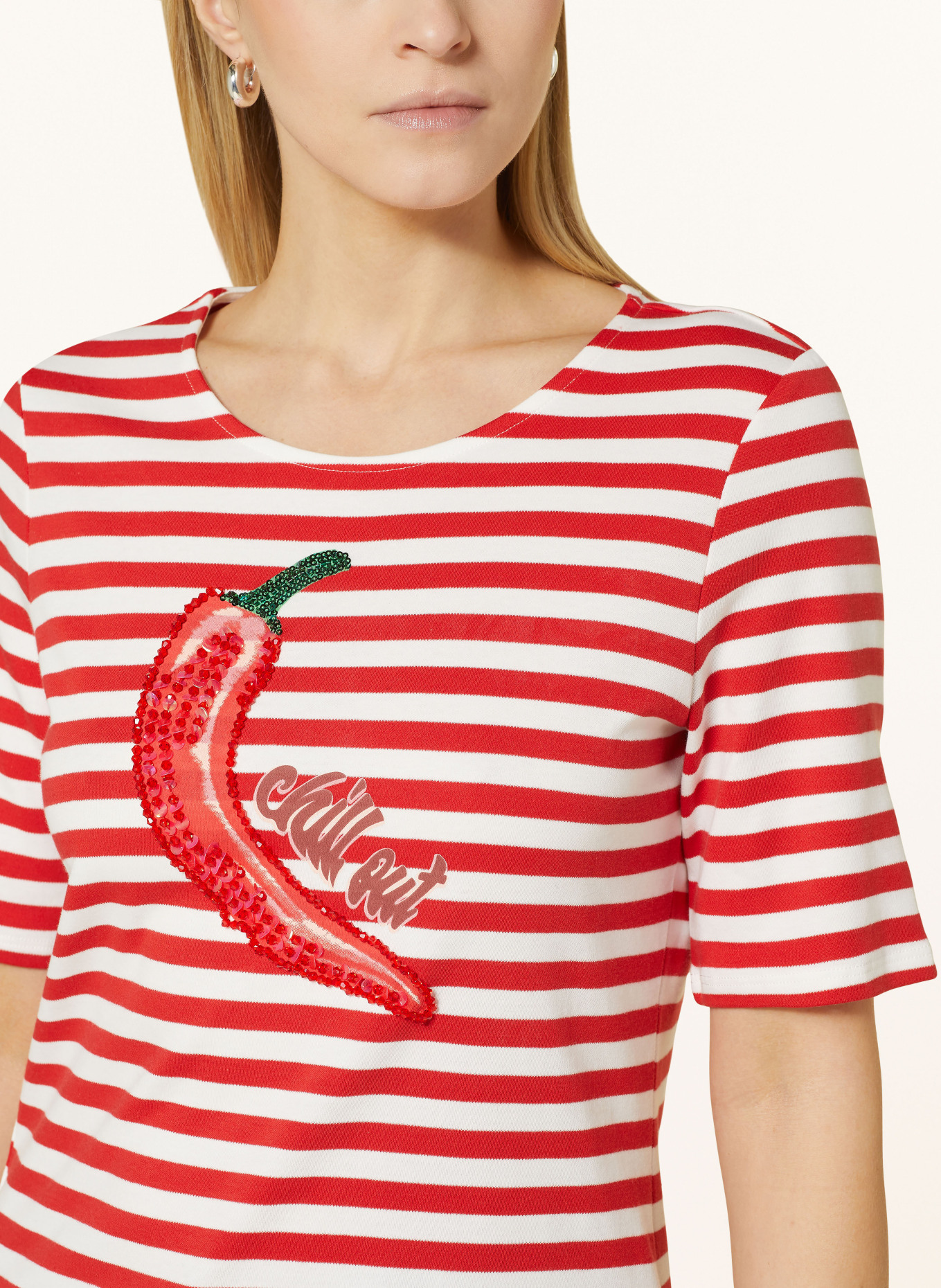 oui T-shirt with sequins and decorative beads, Color: WHITE/ RED (Image 4)