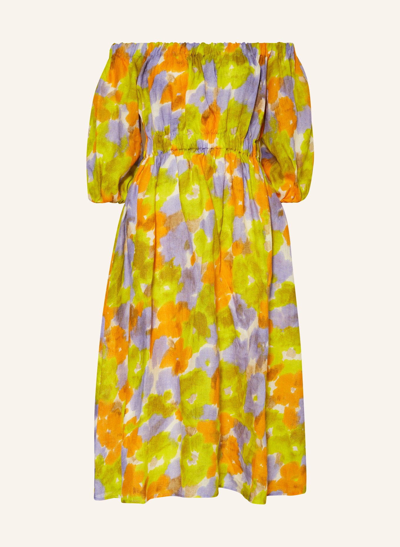 MARELLA Off-shoulder dress SAMARA in linen, Color: LIGHT PURPLE/ YELLOW/ LIGHT ORANGE (Image 1)