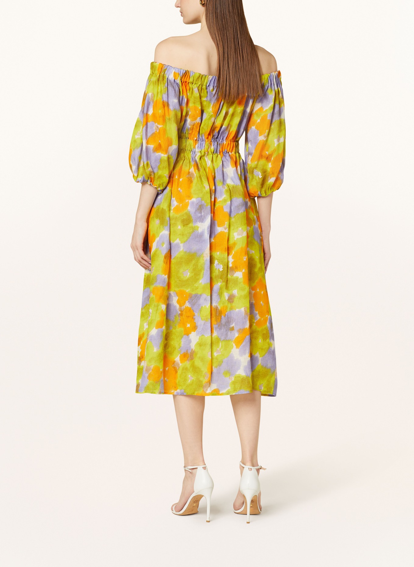 MARELLA Off-shoulder dress SAMARA in linen, Color: LIGHT PURPLE/ YELLOW/ LIGHT ORANGE (Image 3)