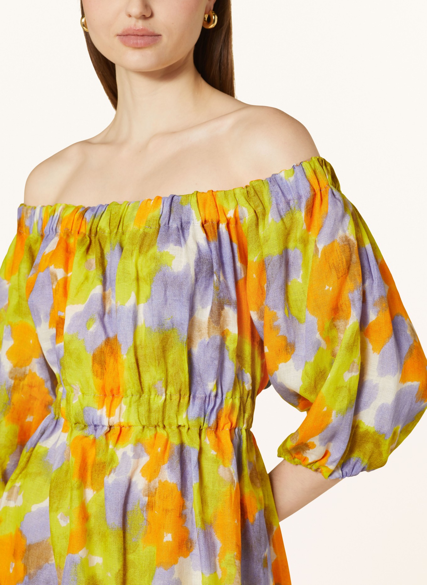 MARELLA Off-shoulder dress SAMARA in linen, Color: LIGHT PURPLE/ YELLOW/ LIGHT ORANGE (Image 4)
