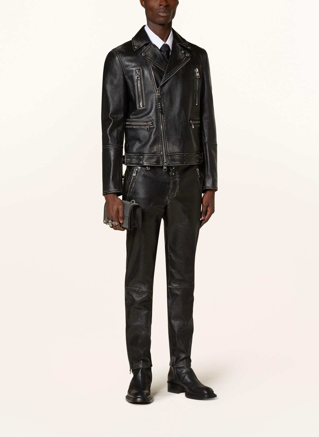 Leather jacket and trousers on sale