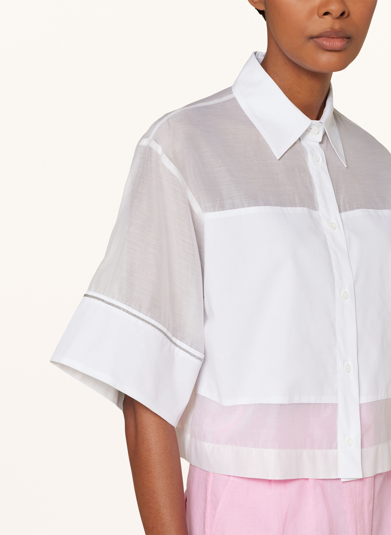 PESERICO Cropped shirt blouse with silk, Color: WHITE (Image 4)