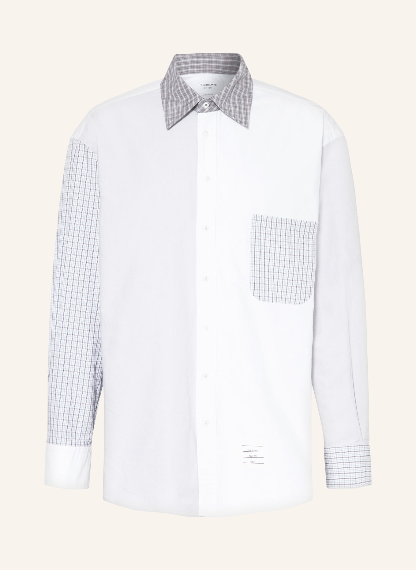 THOM BROWNE. Shirt oversized fit in mixed materials, Color: WHITE/ LIGHT GRAY/ OLIVE (Image 1)