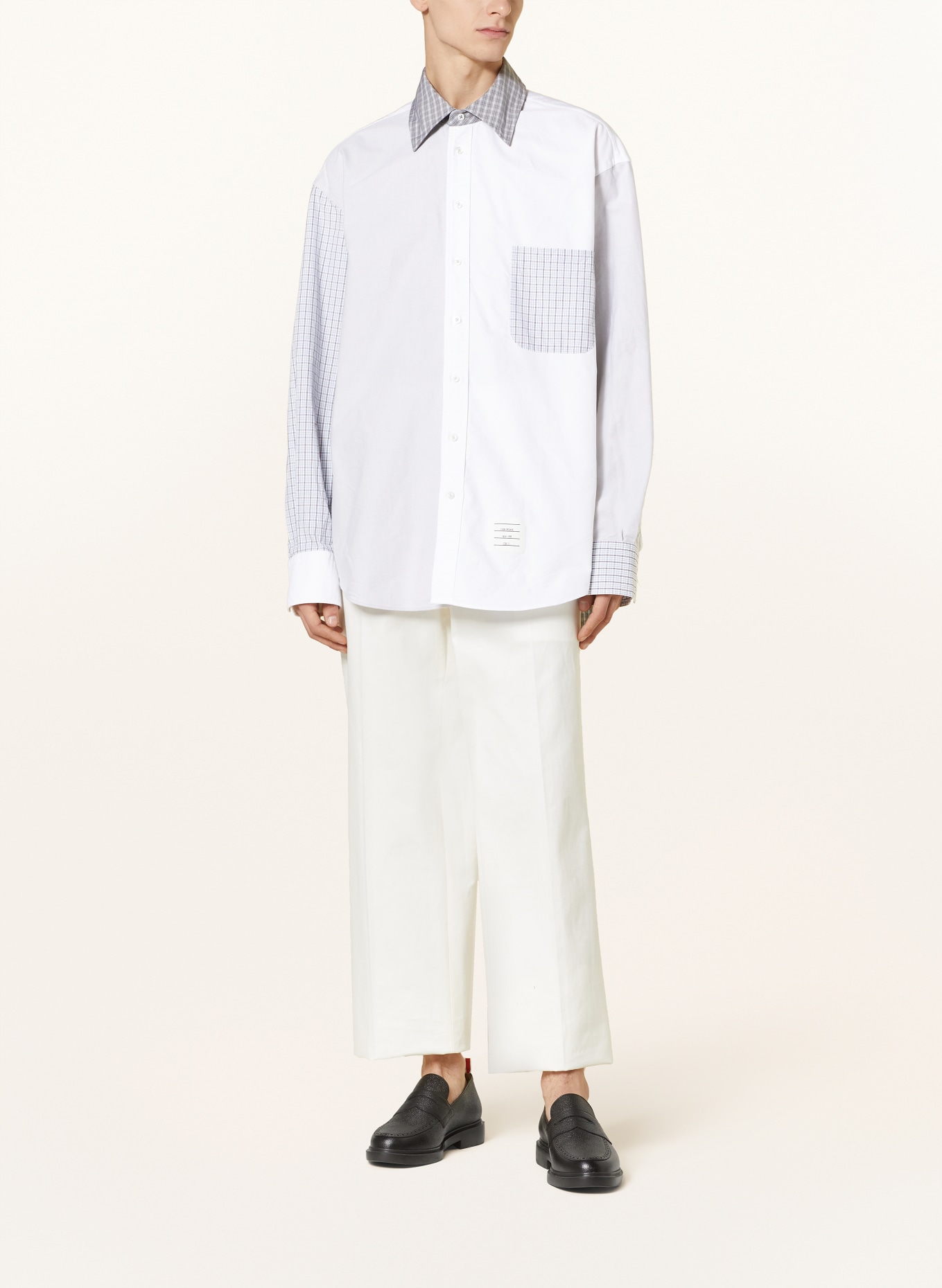 THOM BROWNE. Shirt oversized fit in mixed materials, Color: WHITE/ LIGHT GRAY/ OLIVE (Image 2)